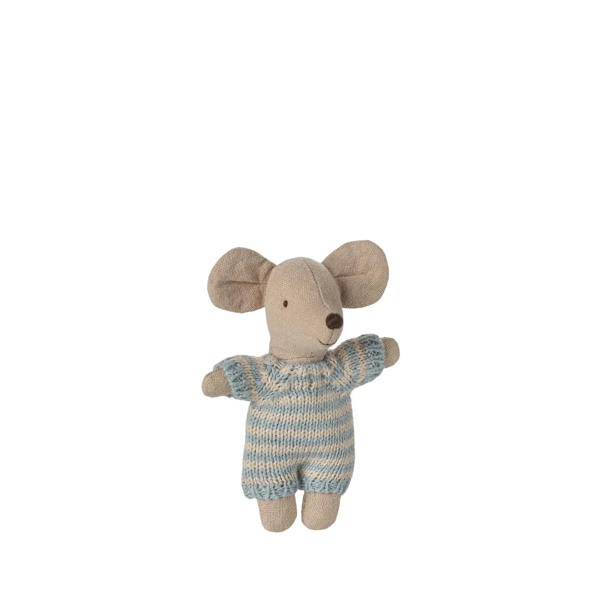 Baby Maus in blauer Tragetasche