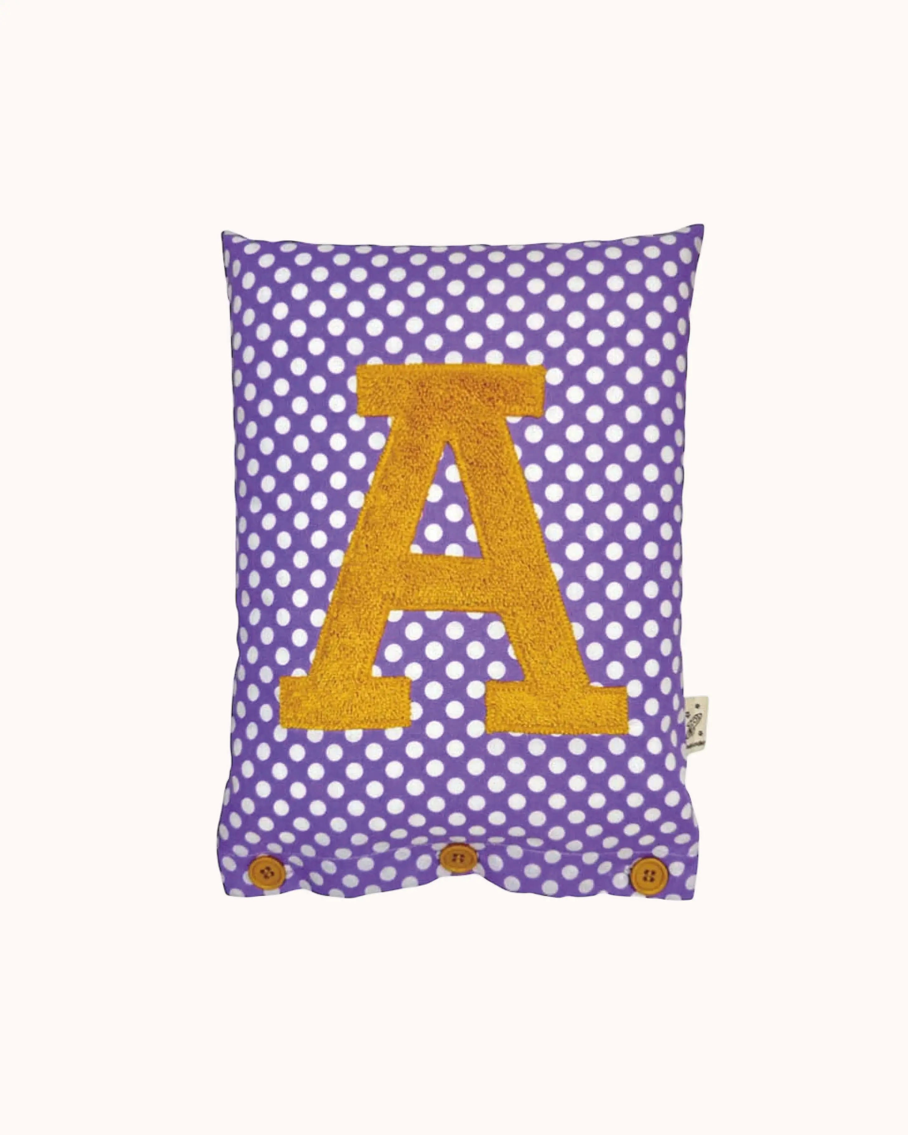 Letter Cushion Turmeric on Purple with white Dots