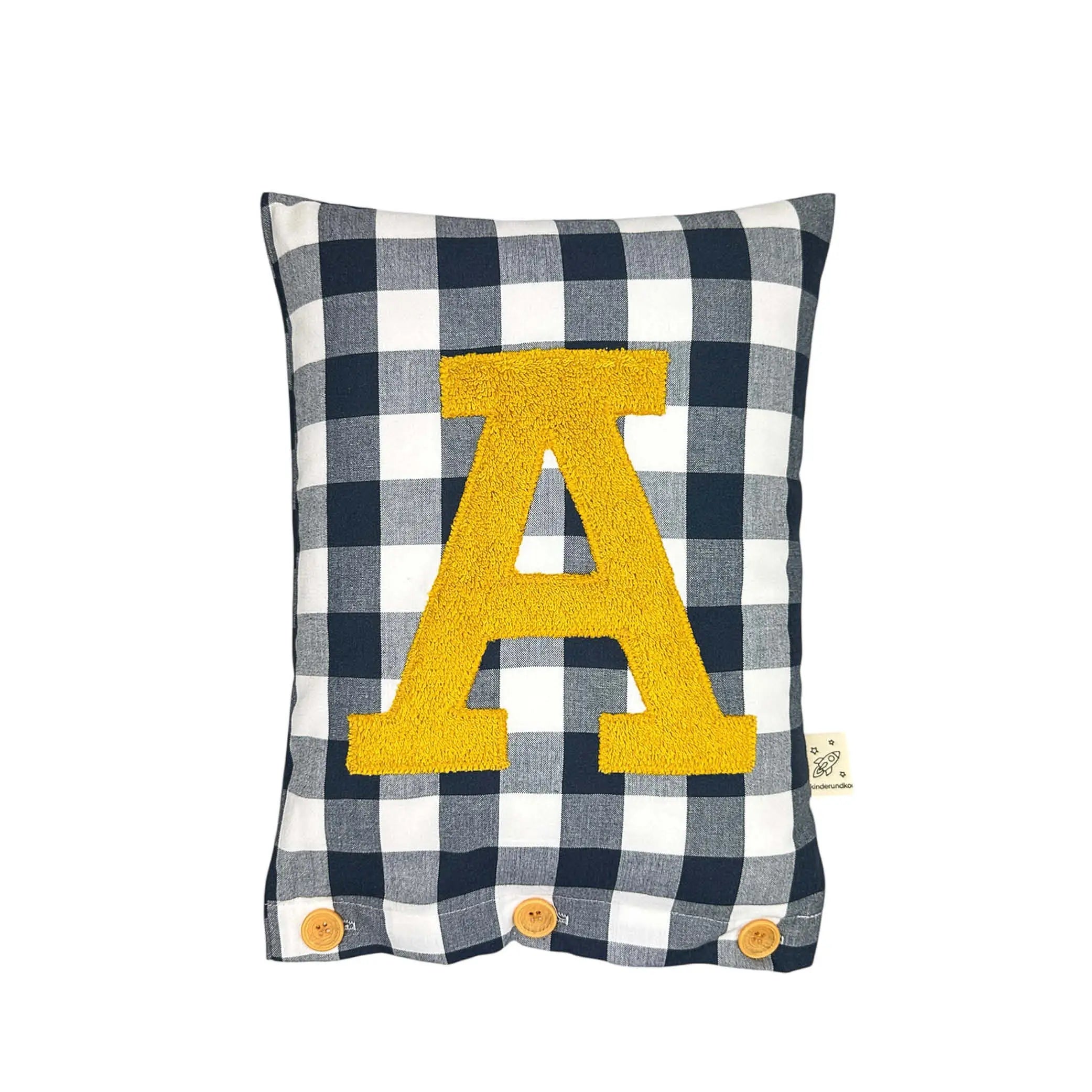 Letter Cushion A – Gold on a large navy blue Gingham