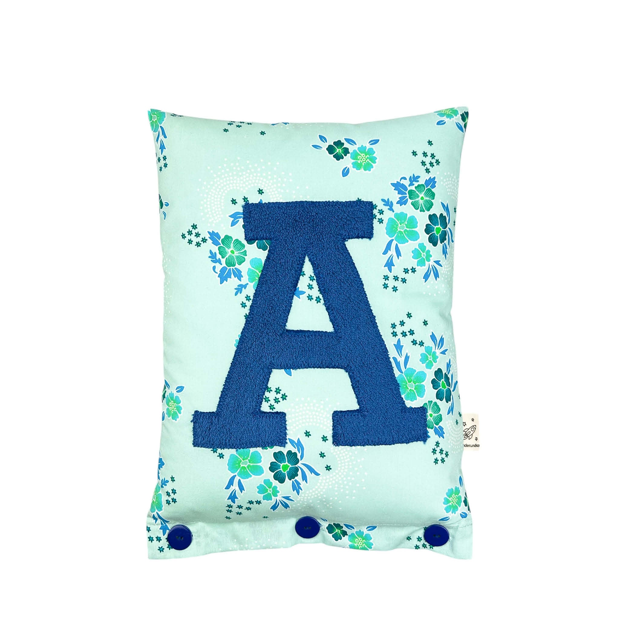 Letter Cushion Prussian Blue on Turquoise with blue Flowers