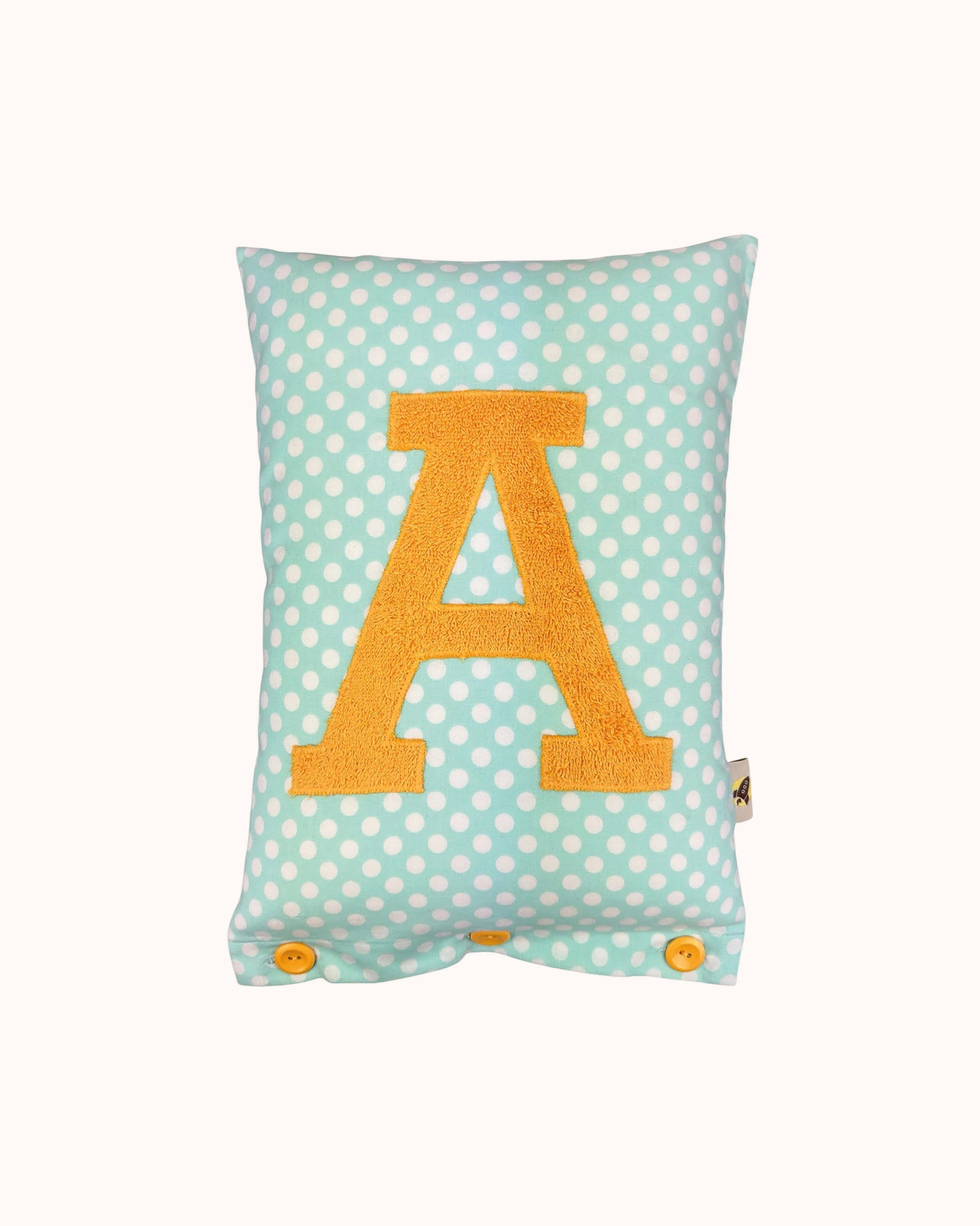 Letter Cushion A – Sunny Yellow on Mint with white Dots