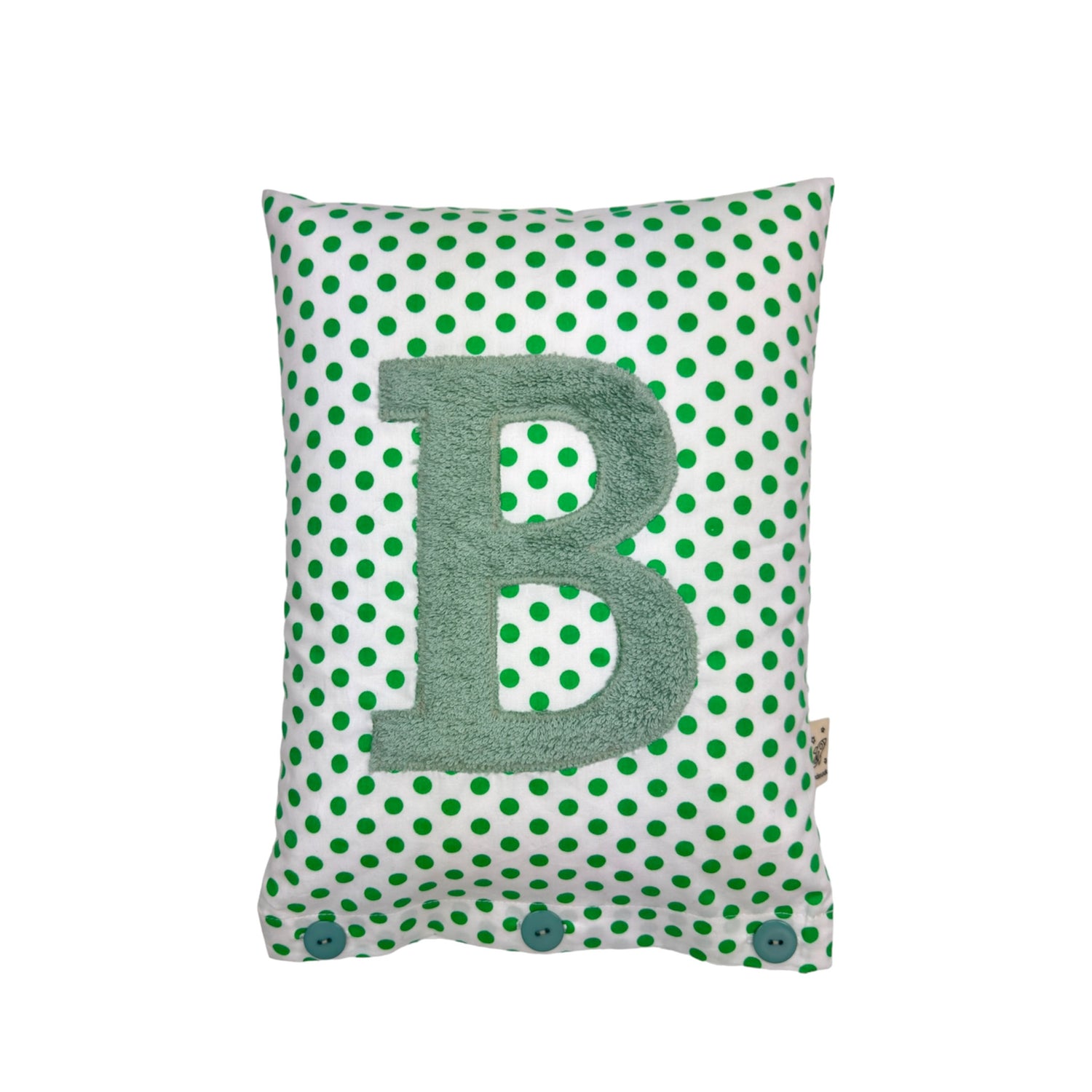 Letter Cushion Sage on White with green Dots