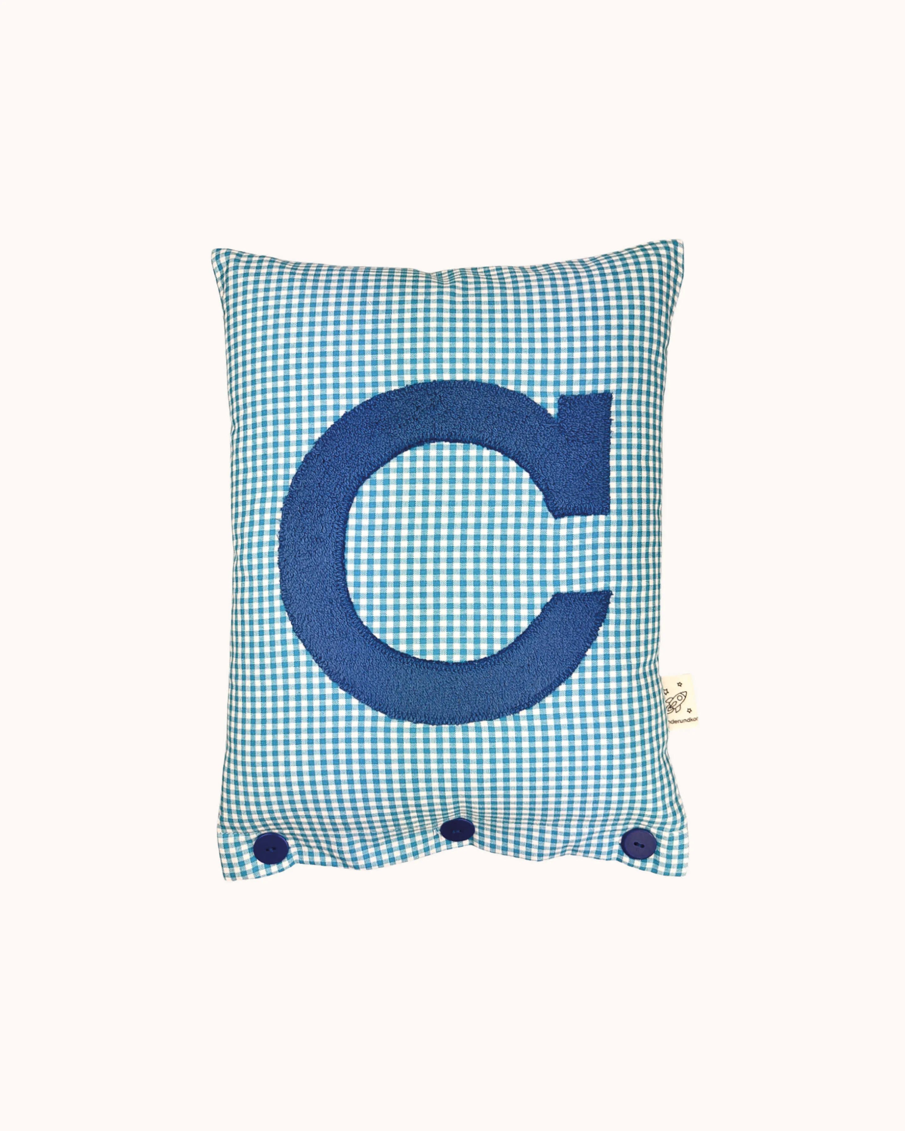 Buchstabenkissen preußisch Blau auf Türkis Vichykaro