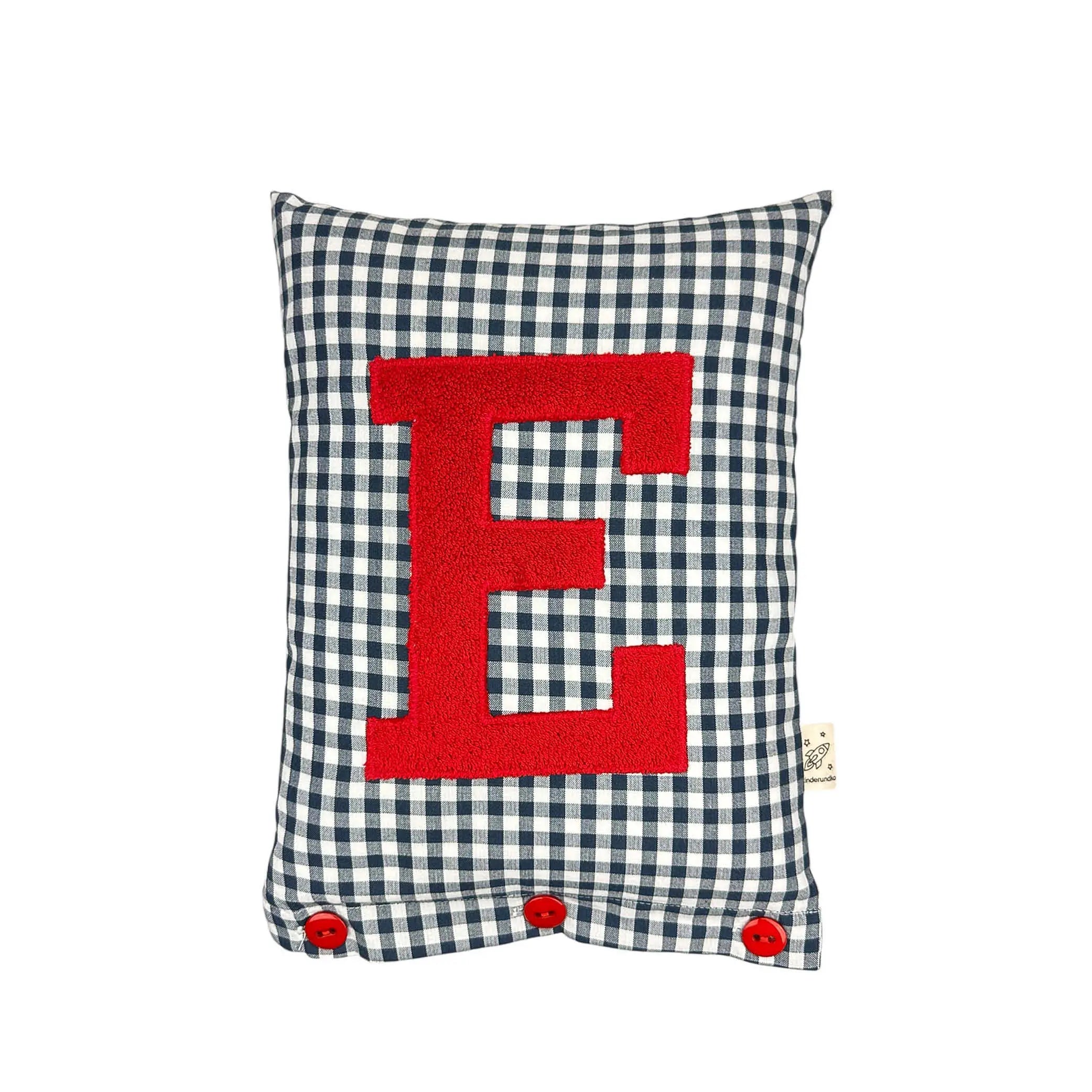 Letter Cushion E – Red on Navy blue Gingham