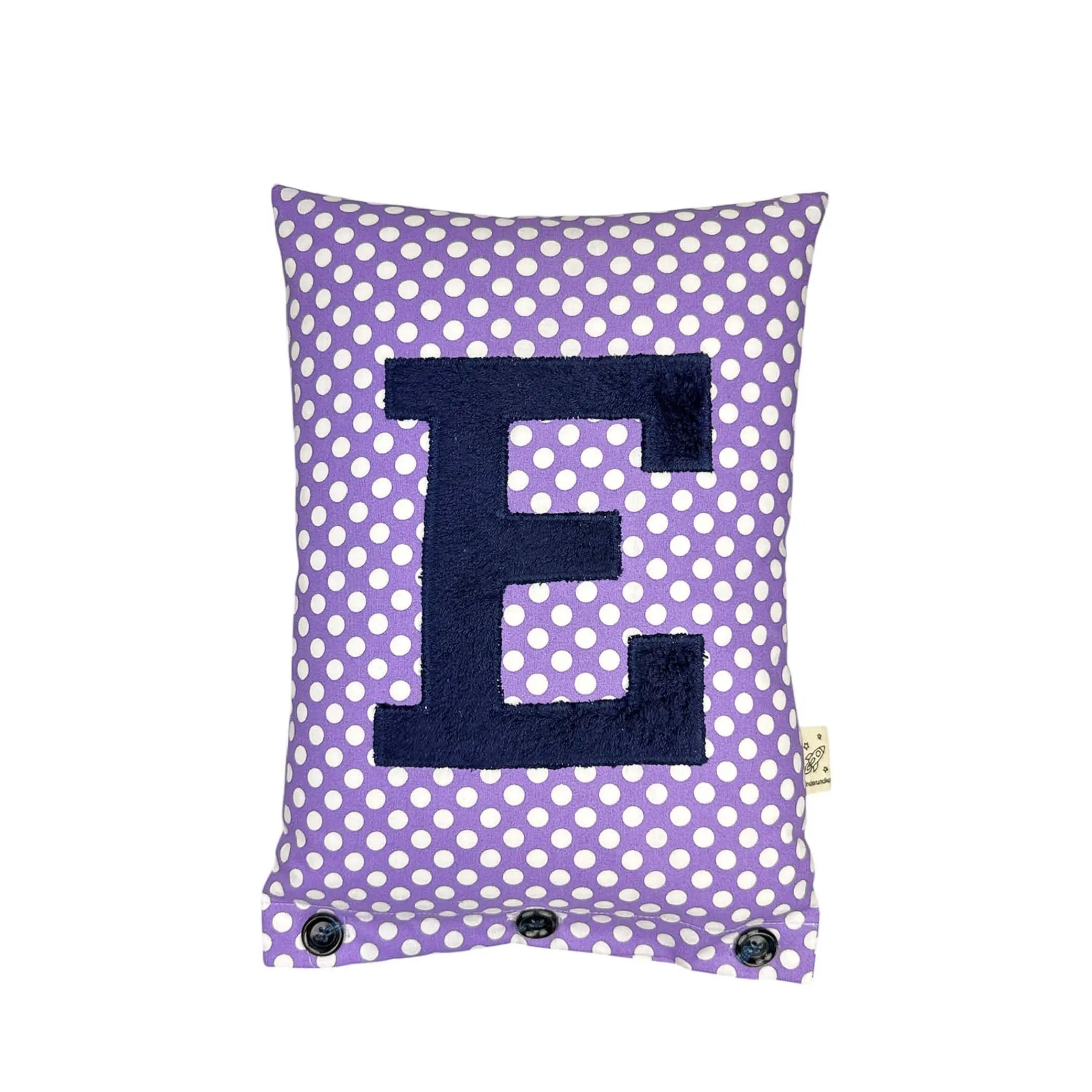 Letter Cushion E – Navy Blue on Purple with white Dots