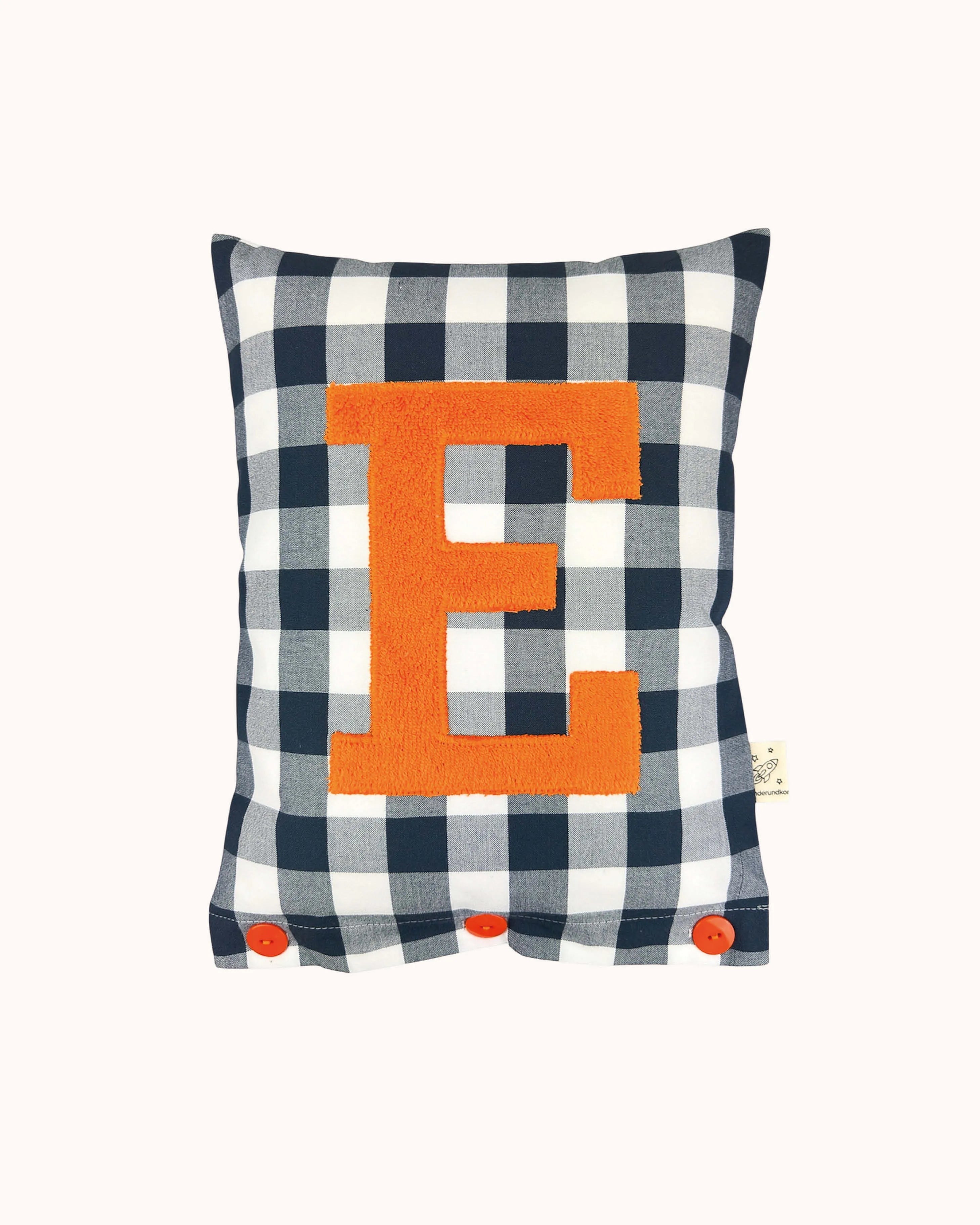 Letter Cushion Orange on navy blue Gingham