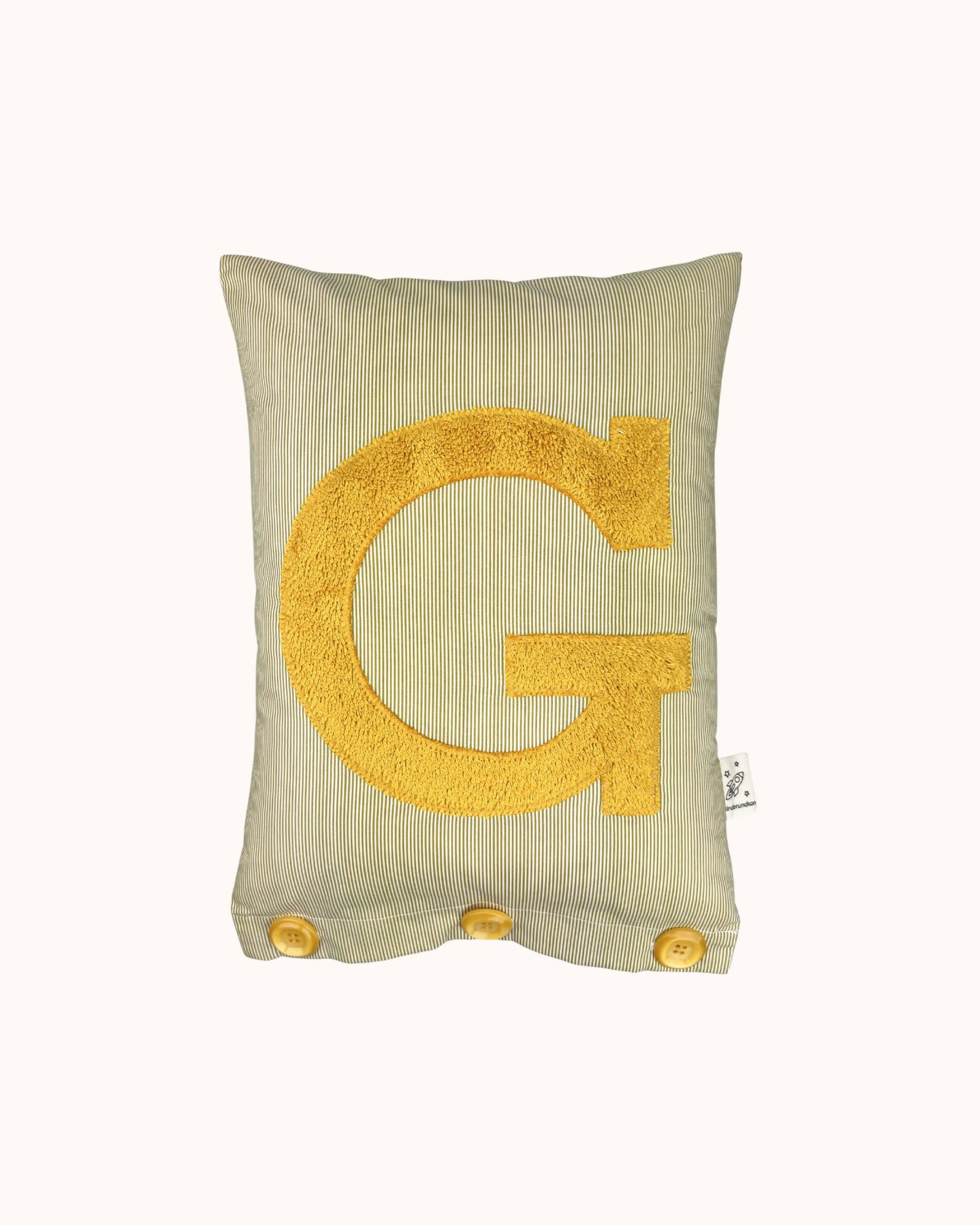 Letter Cushion Mustard Yellow on small olive/white Stripes