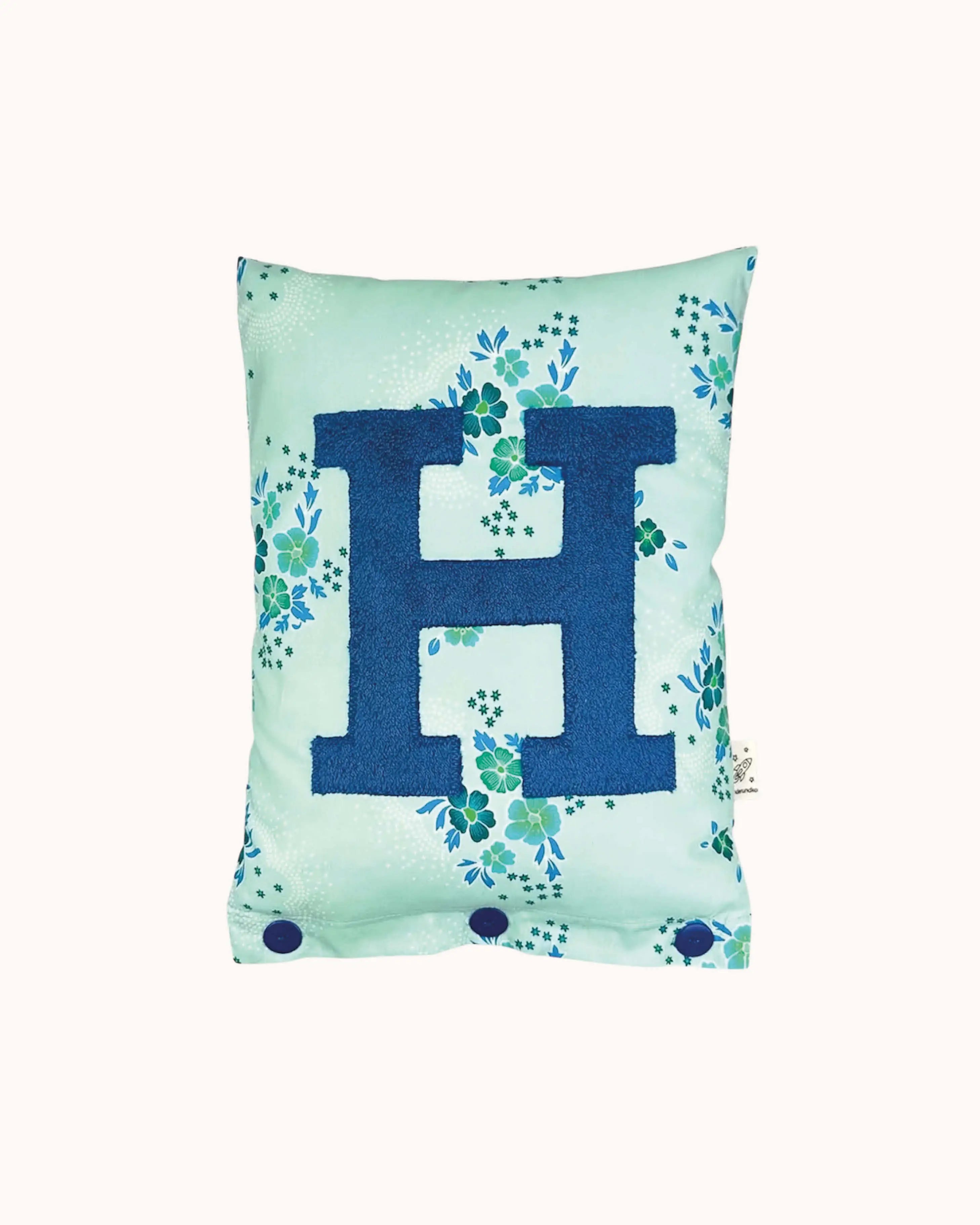 Letter Cushion H – prussian Blue on Turquoise with blue Flowers