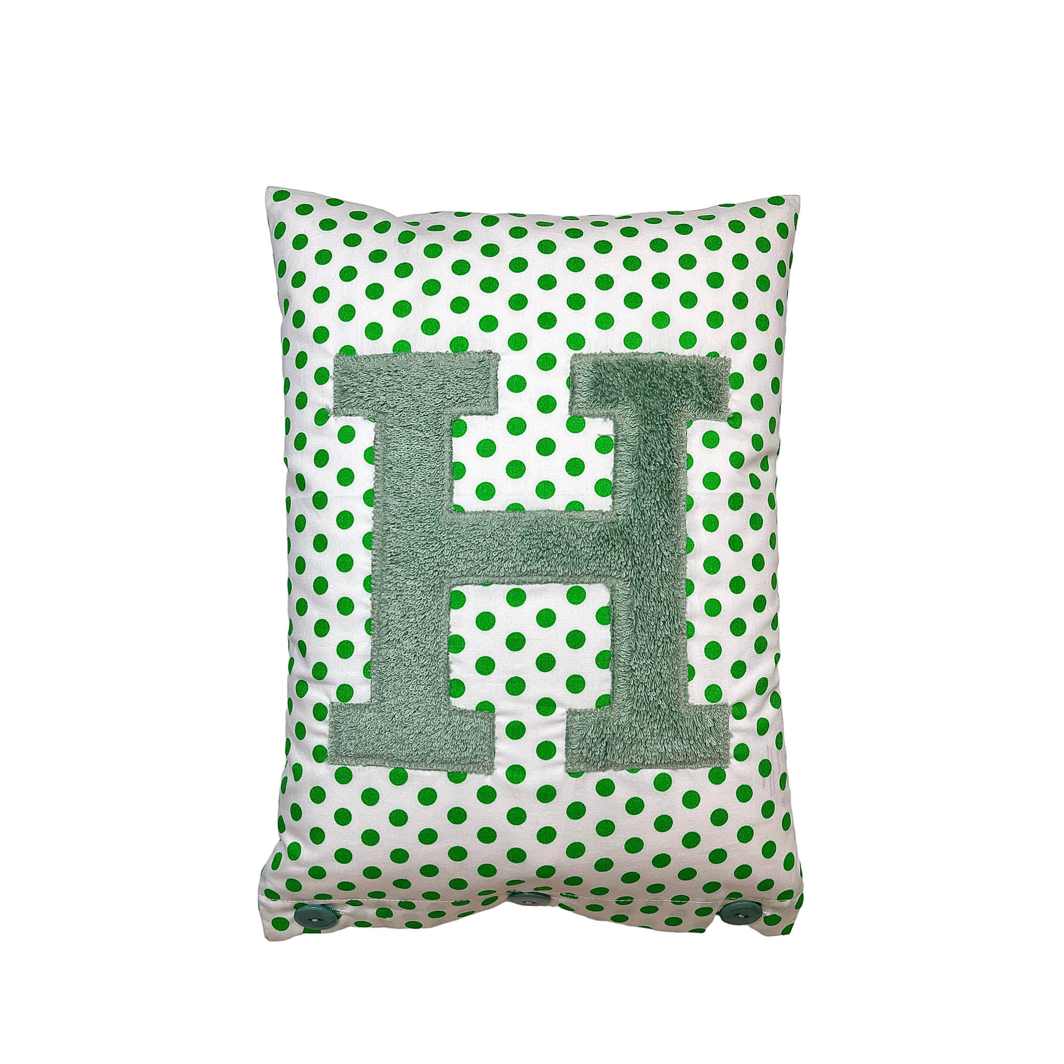 Letter Cushion Sage on White with green Dots
