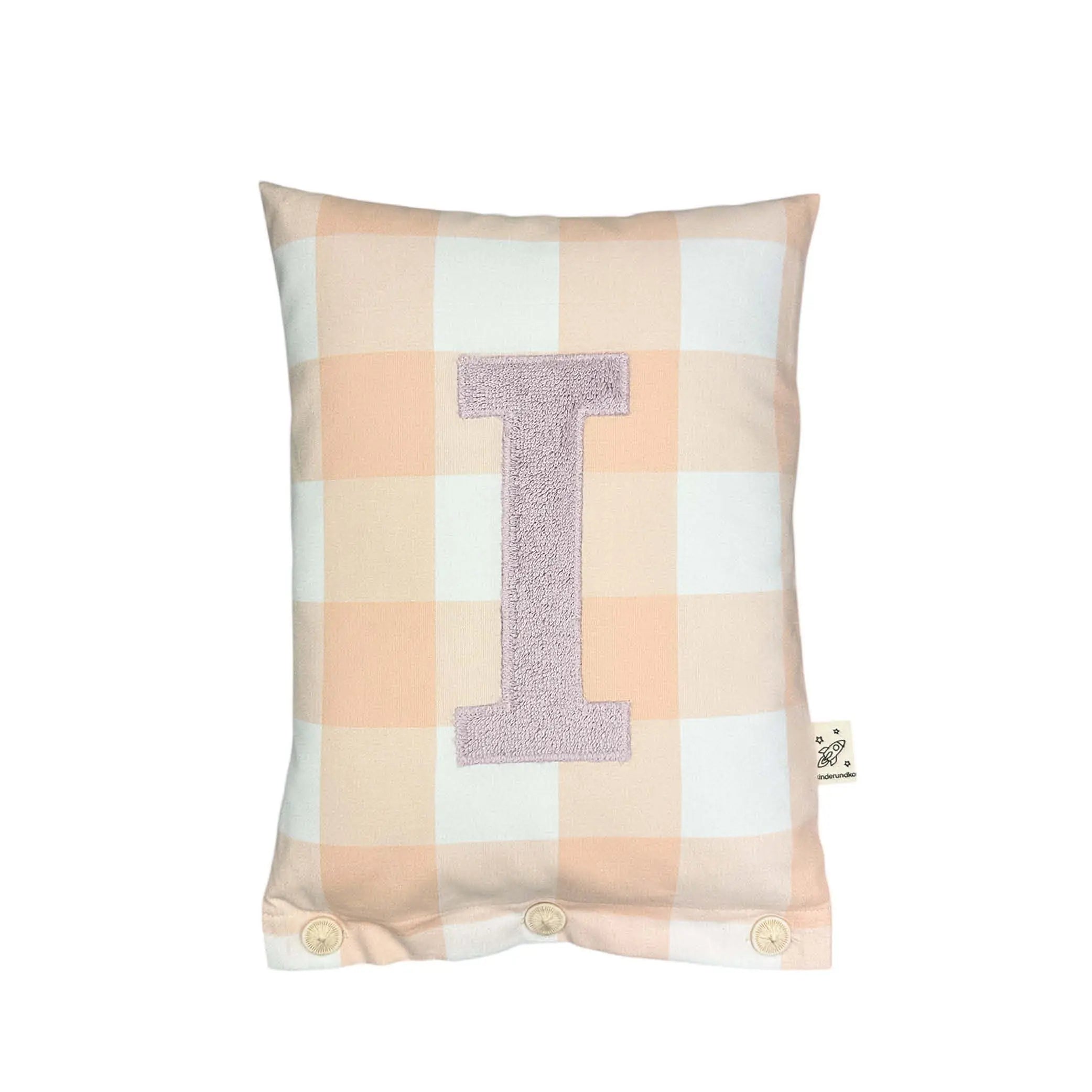 Letter Cushion I – dusty Lilac on a large nude Gingham