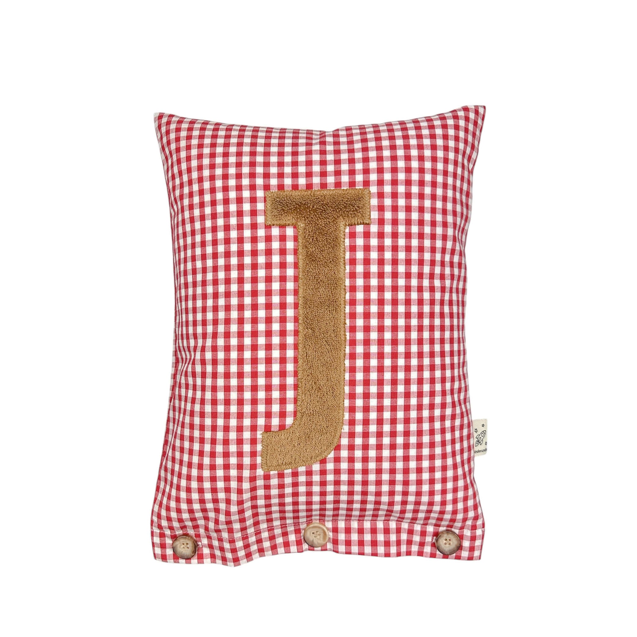 Letter Cushion Light Brown on red Gingham
