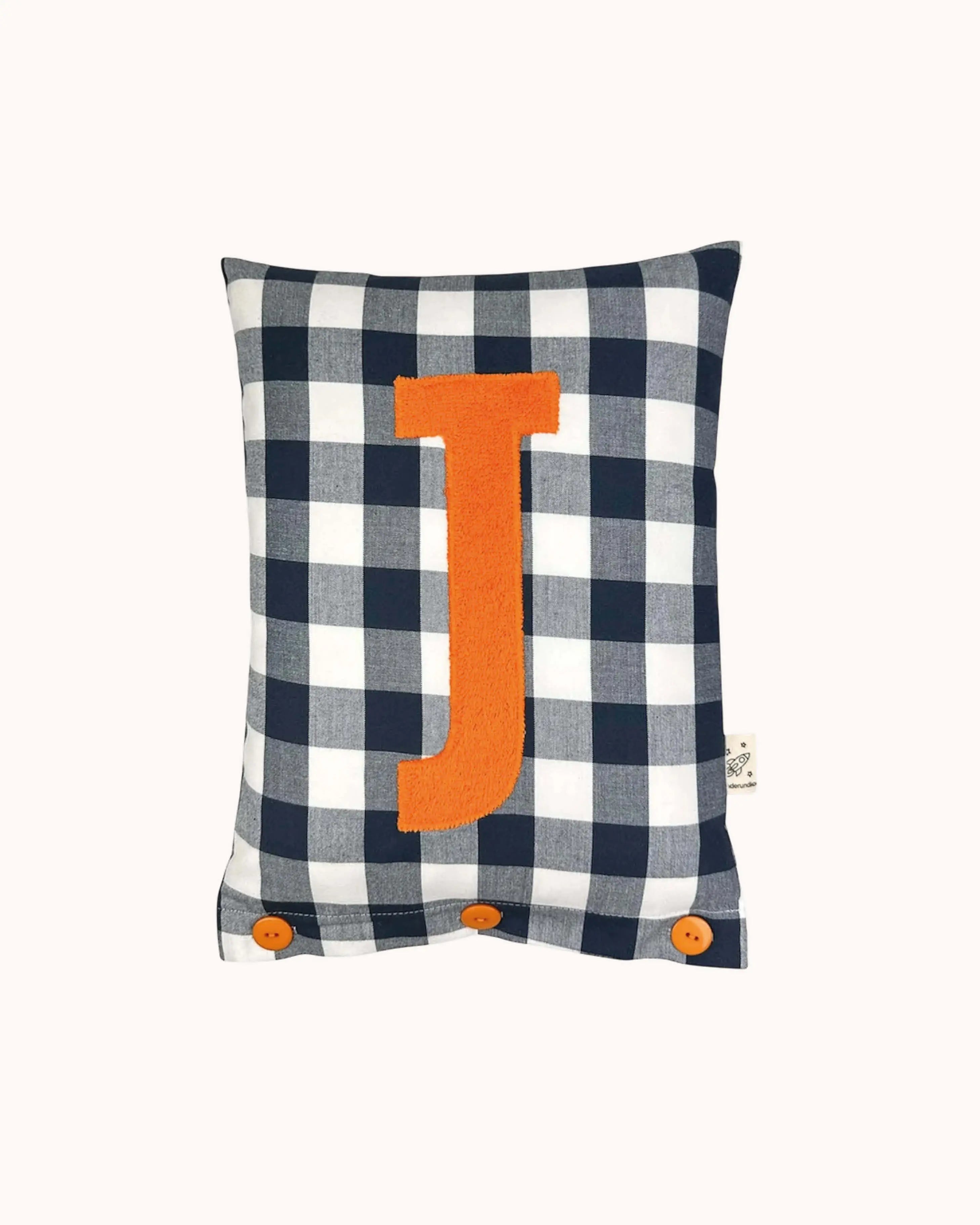 Letter Cushion Orange on navy blue Gingham