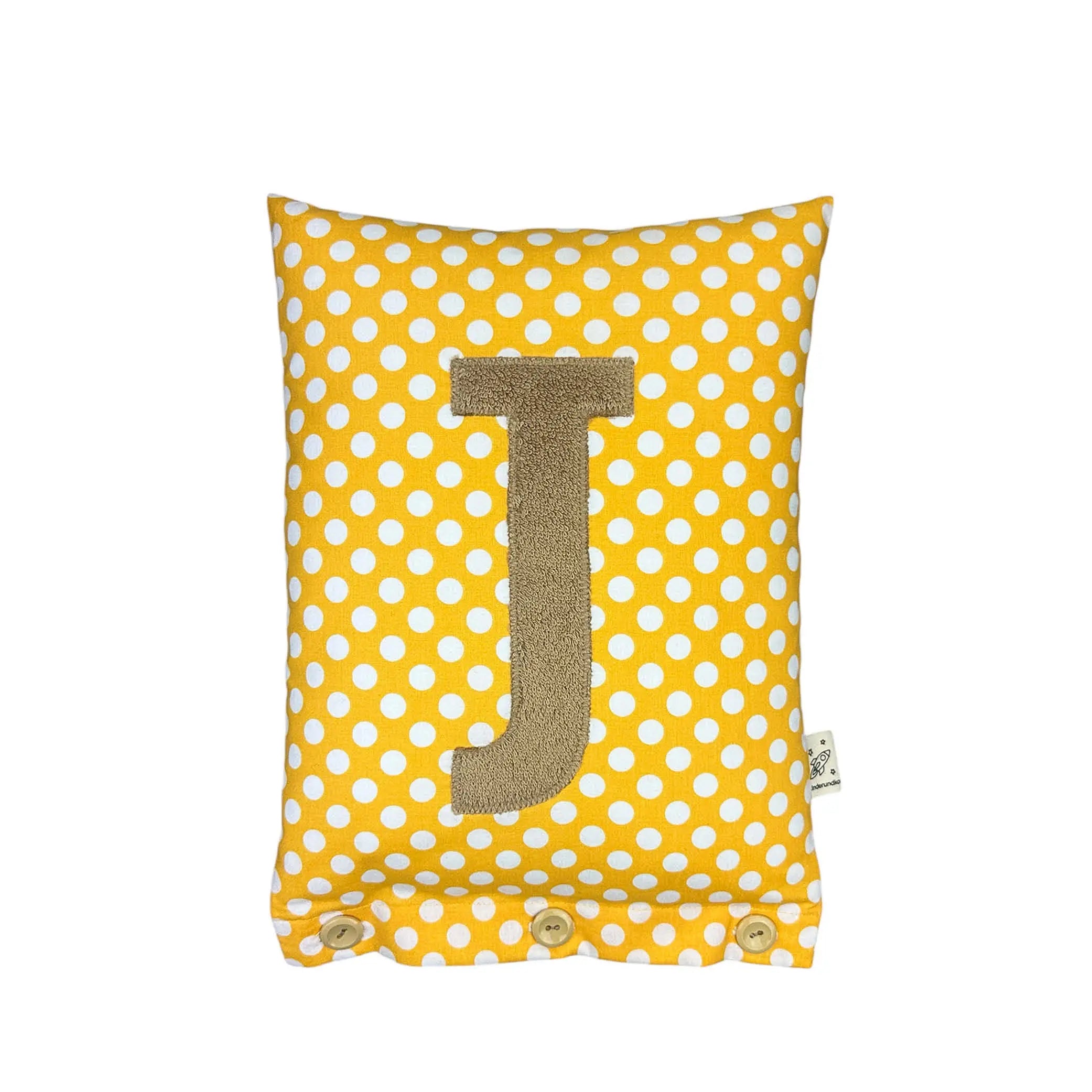 Letter Cushion J – Beige on Yellow with white Dots