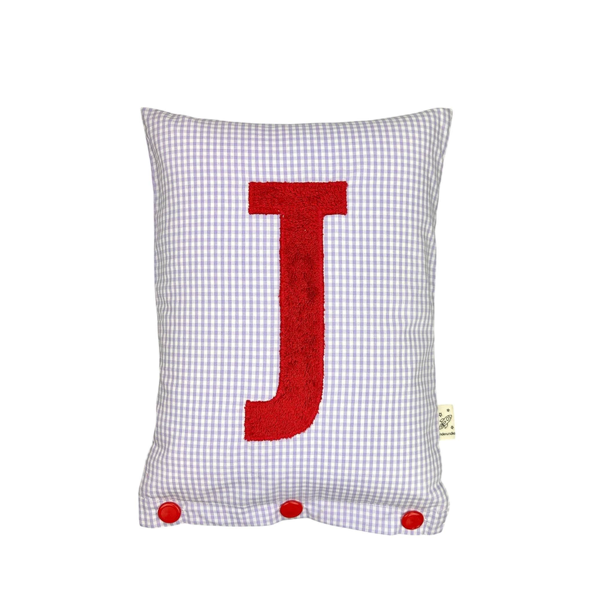 Letter Cushion Red on small lilac Gingham