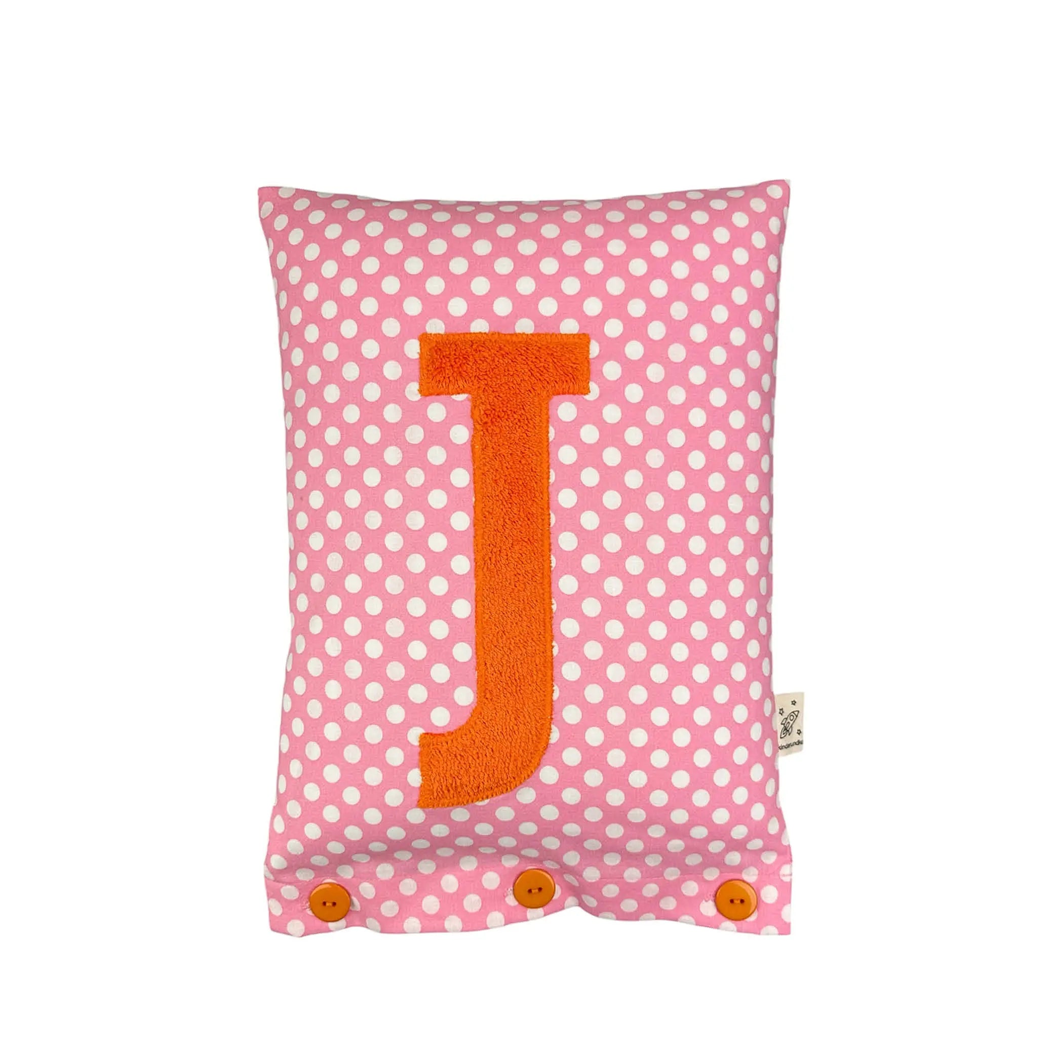 Buchstabenkissen Orange auf Pink mit weißen Punkten