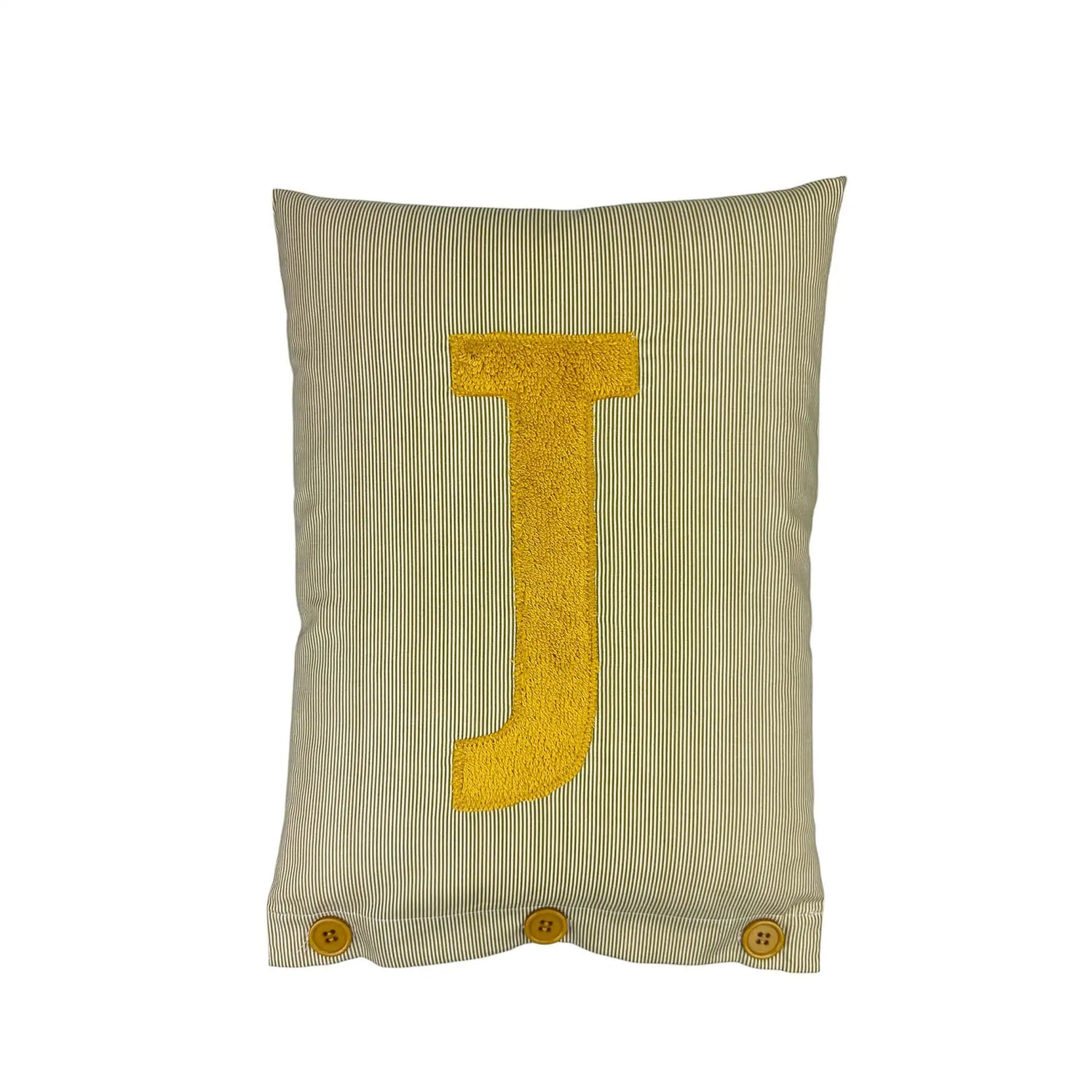 Letter Cushion Mustard Yellow on small olive/white Stripes