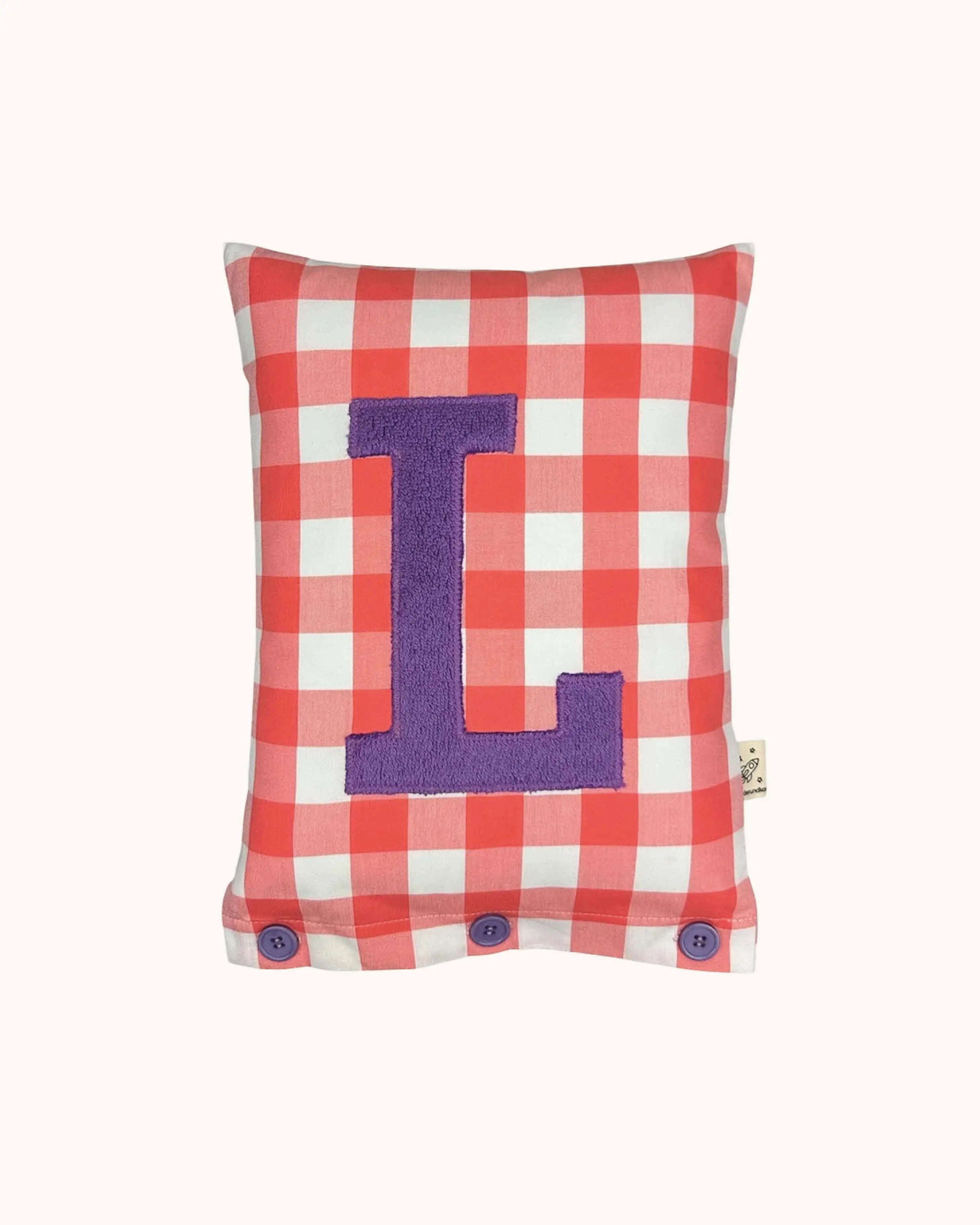Buchstabenkissen Lila auf korallrot Vichykaro