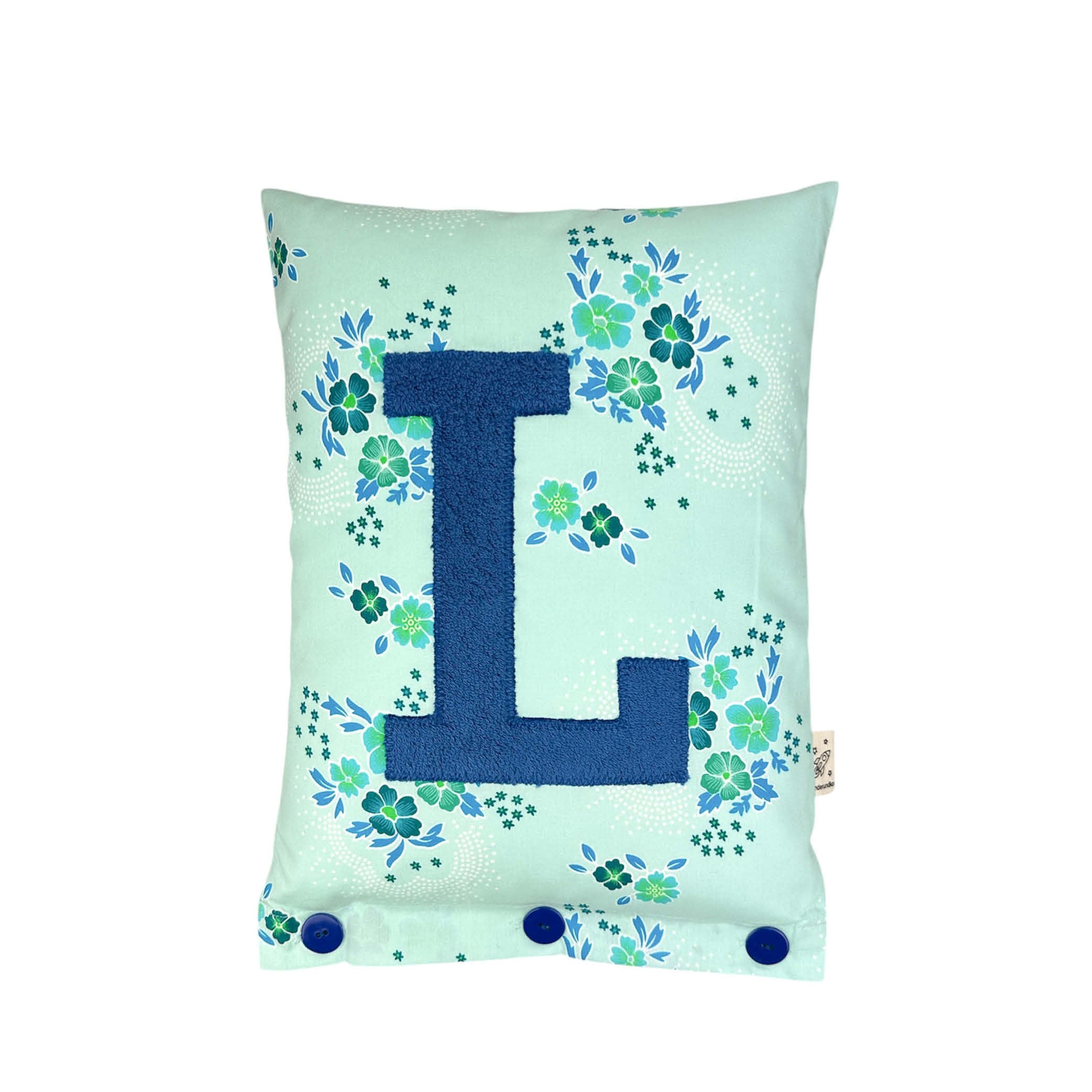 Letter Cushion Prussian Blue on Turquoise with blue Flowers