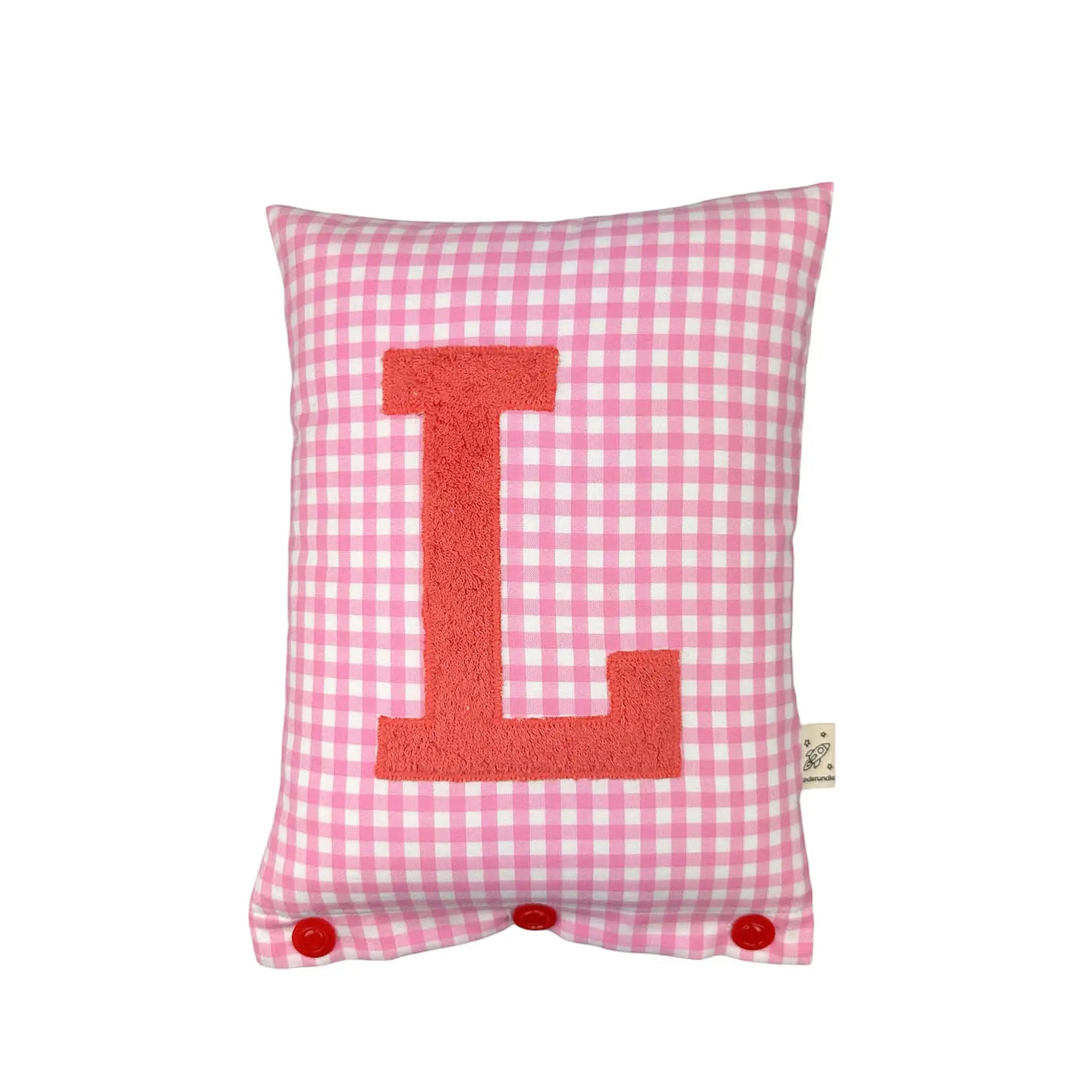 Buchstabenkissen Korallrot auf pink Vichykaro