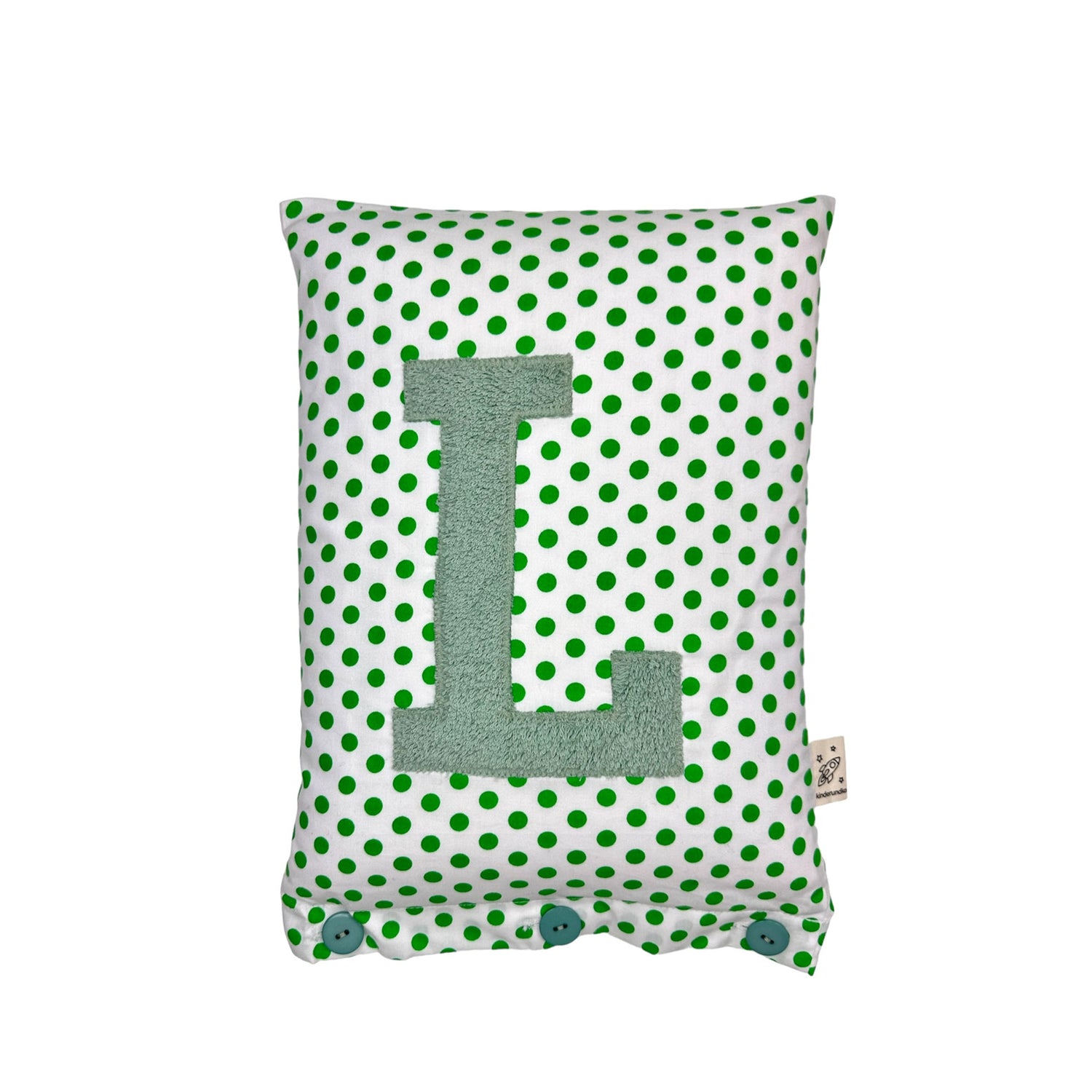 Letter Cushion Sage on White with green Dots