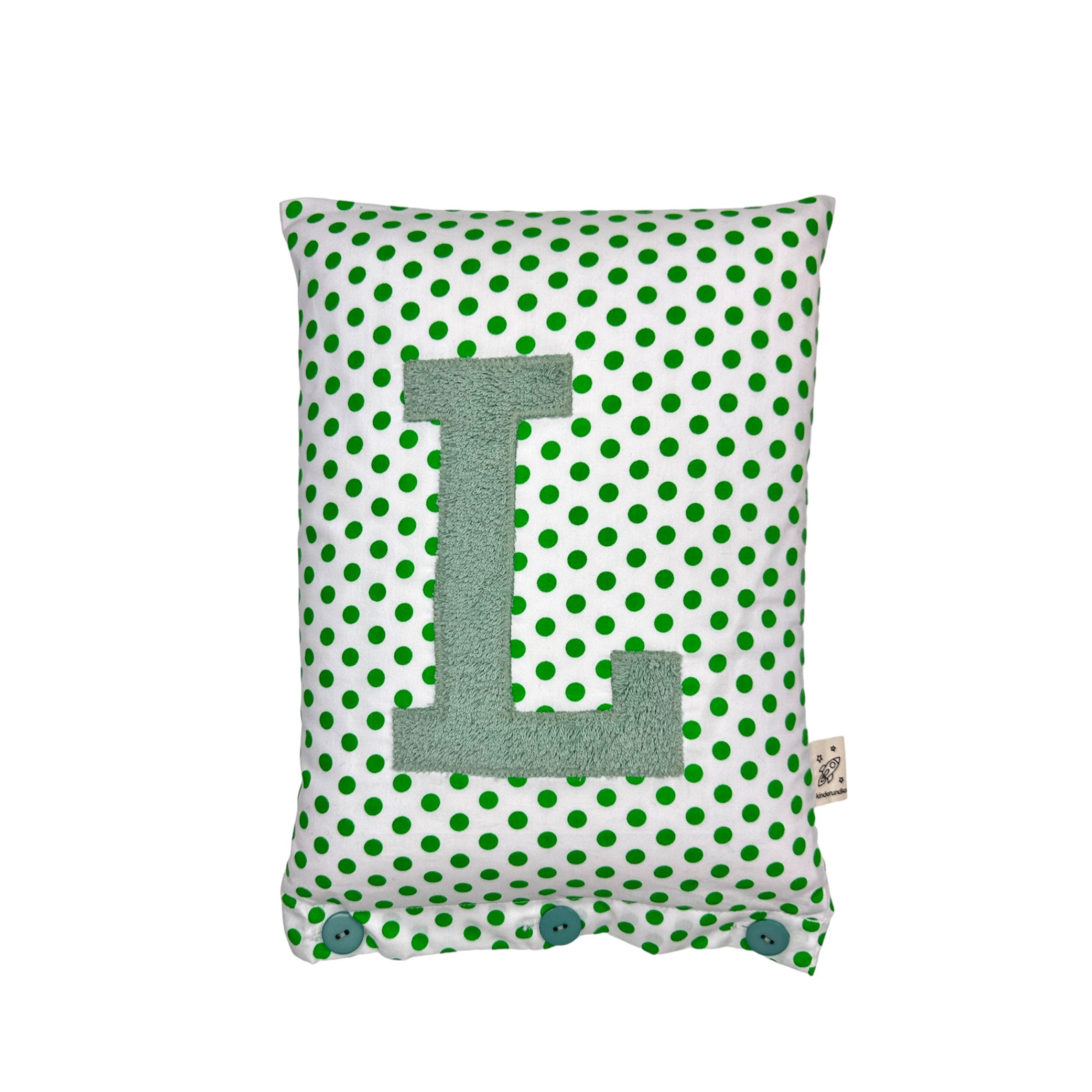 Letter Cushion Sage on White with green Dots