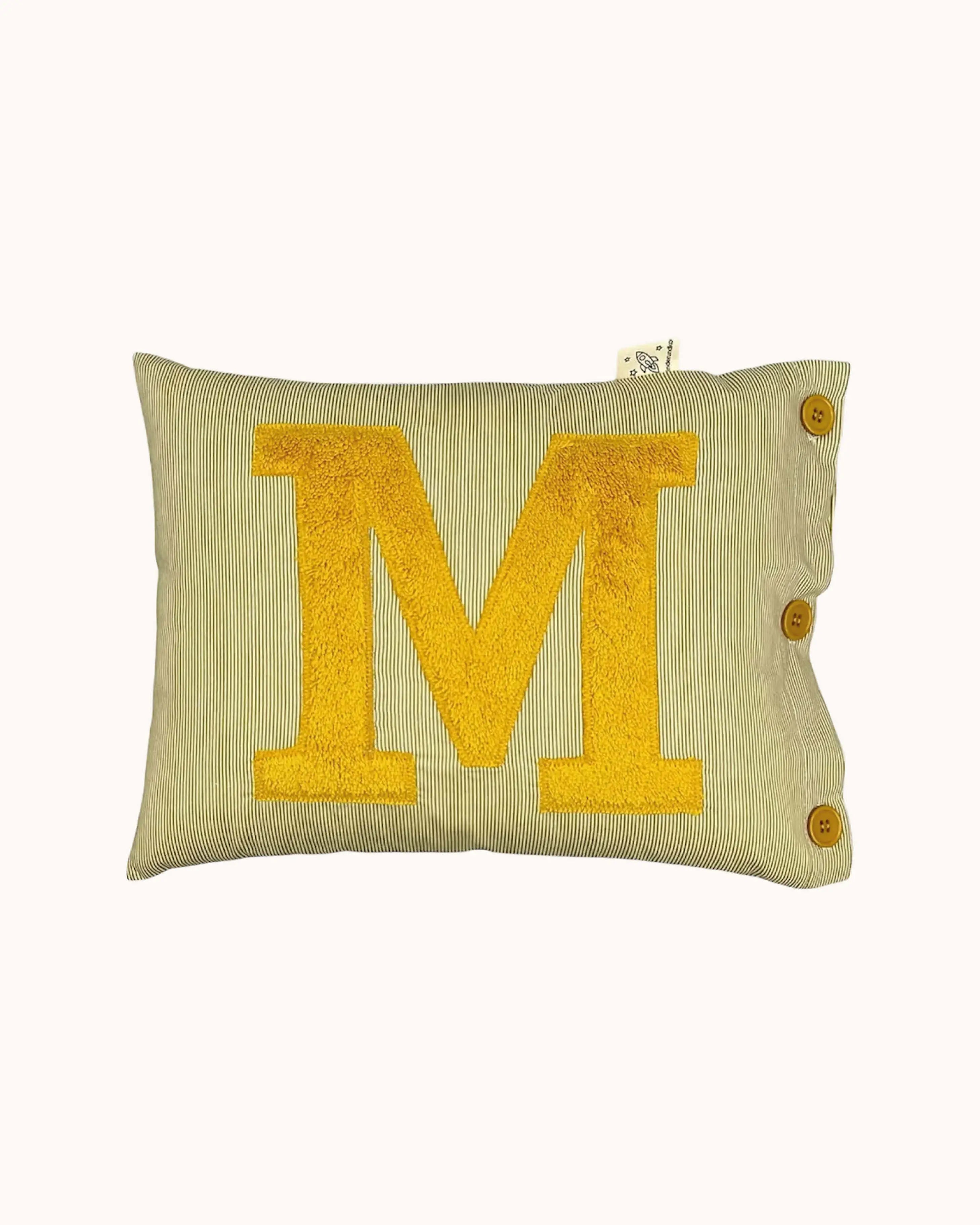 Letter Cushion Mustard Yellow on small olive/white Stripes
