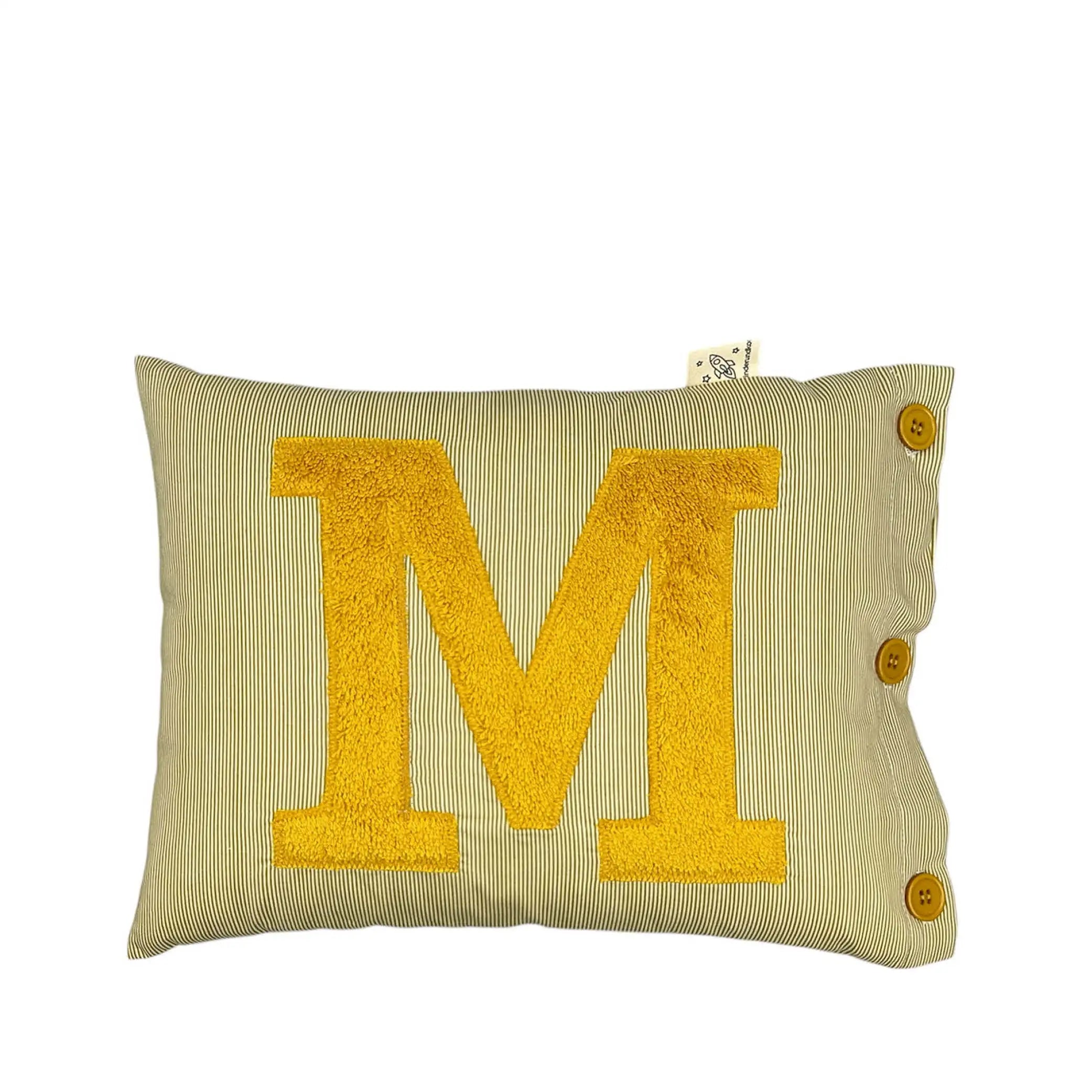Letter Cushion Mustard Yellow on small olive/white Stripes