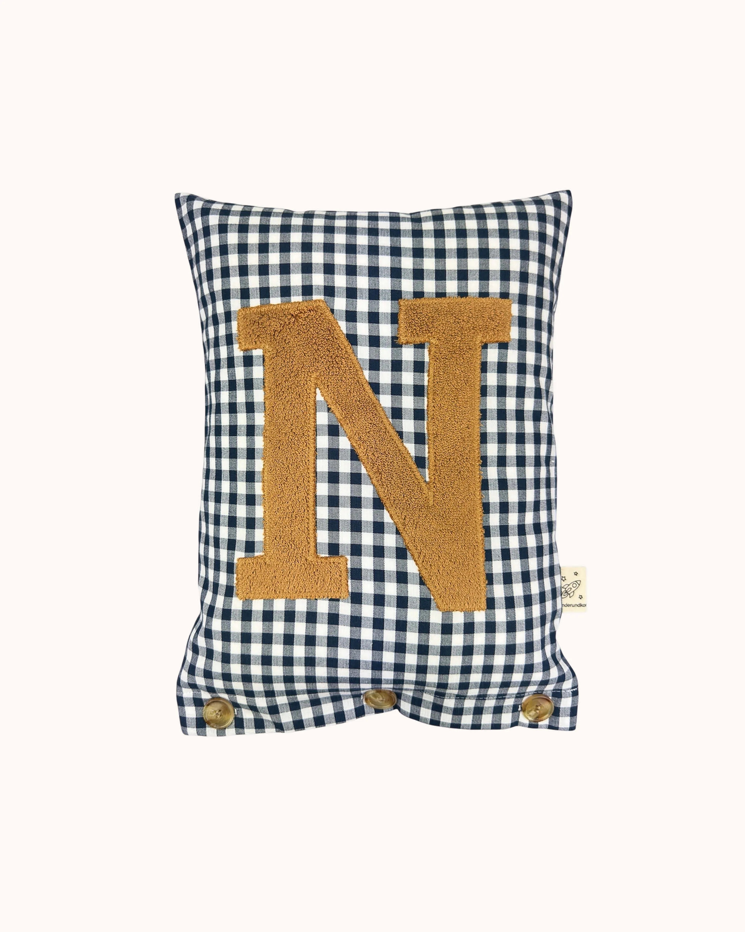 Letter Cushion Camel on navy blue Gingham