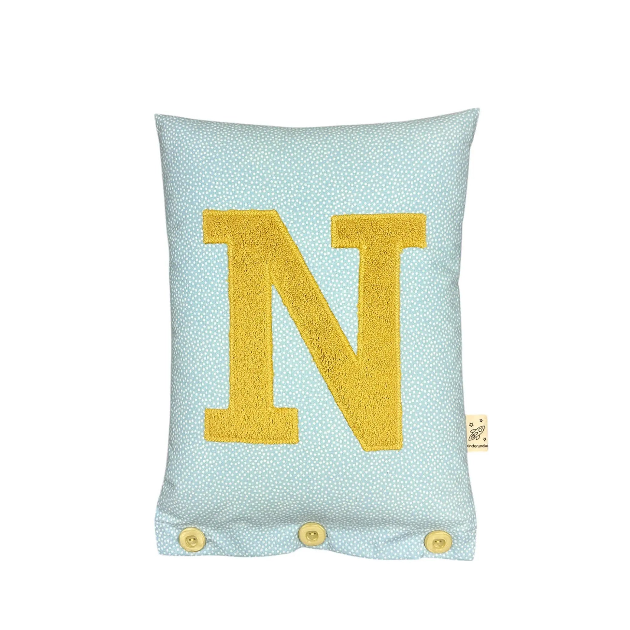 Letter Cushion N – Brass on Light Blue with small white Dotties