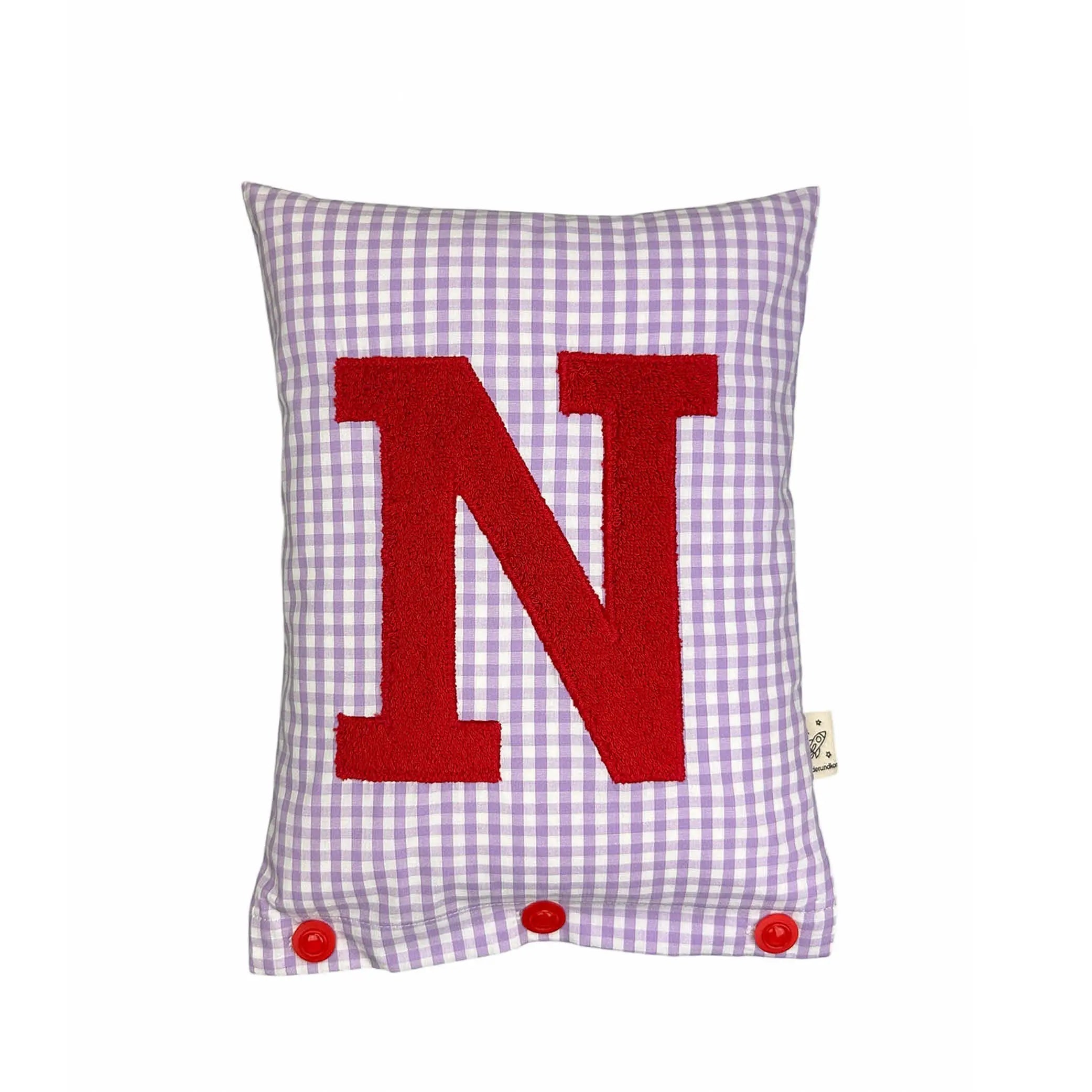 Letter Cushion N – Red on lilac Gingham