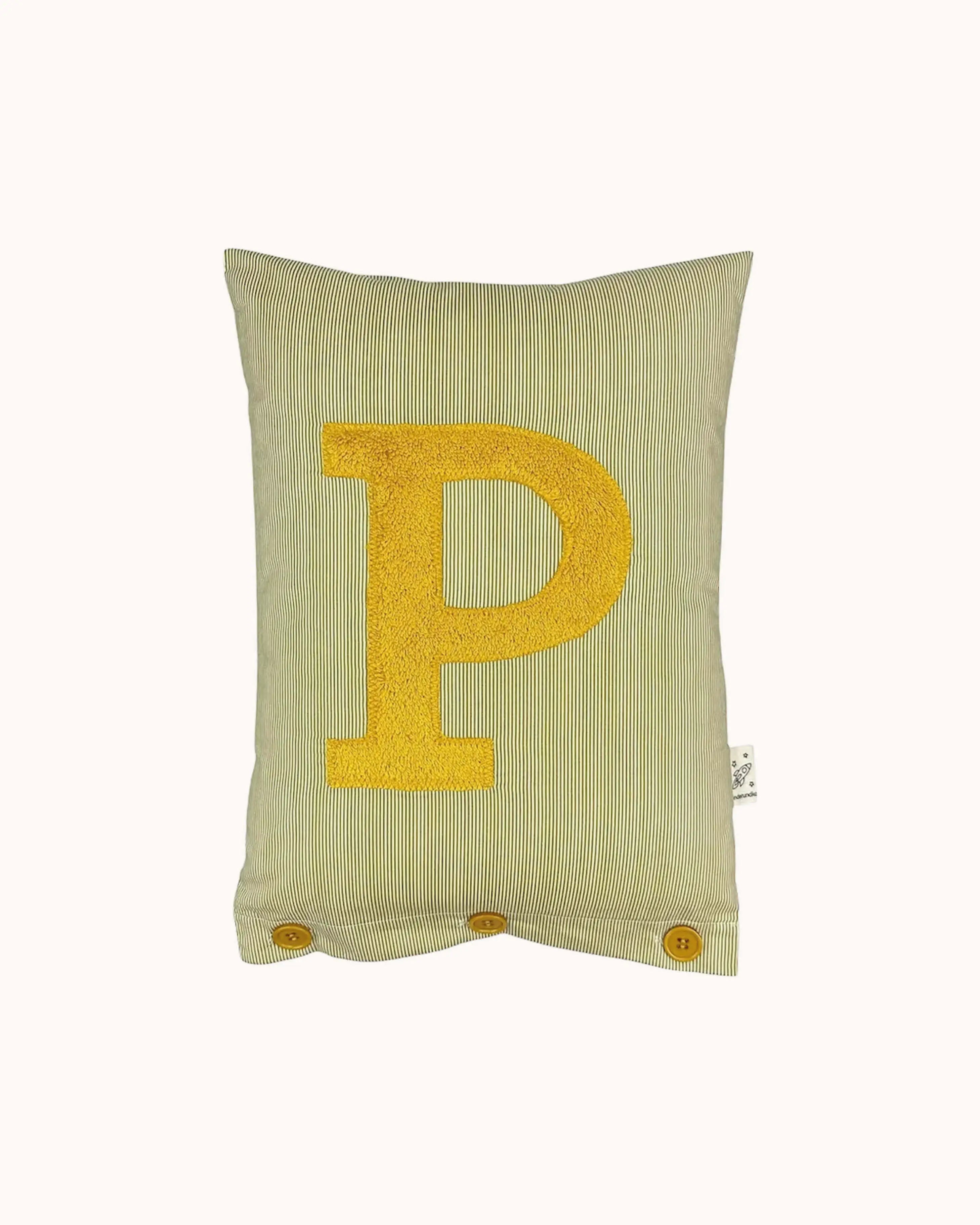 Letter Cushion Mustard Yellow on small olive/white Stripes