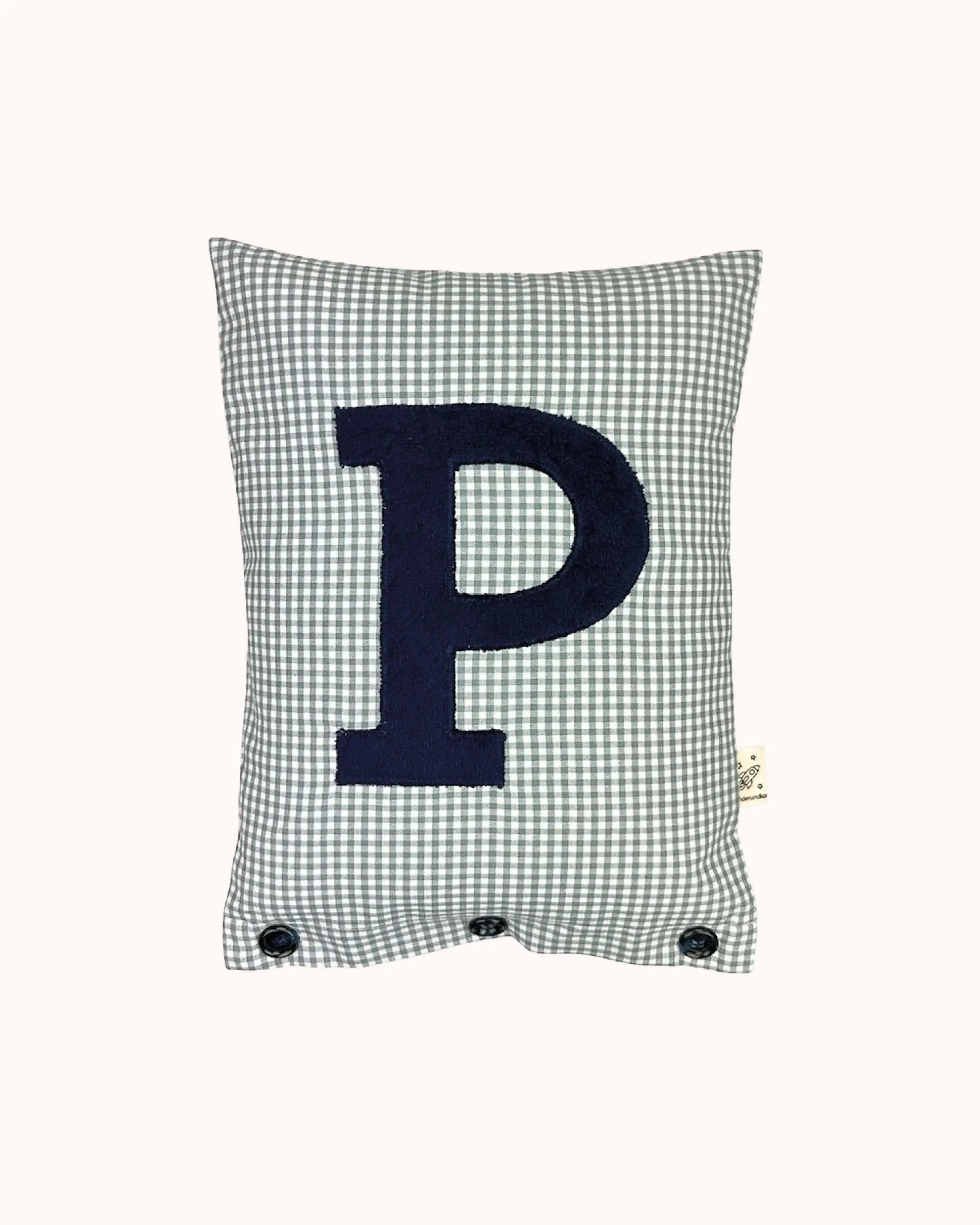 Letter Cushion P – Navy Blue on grey Gingham