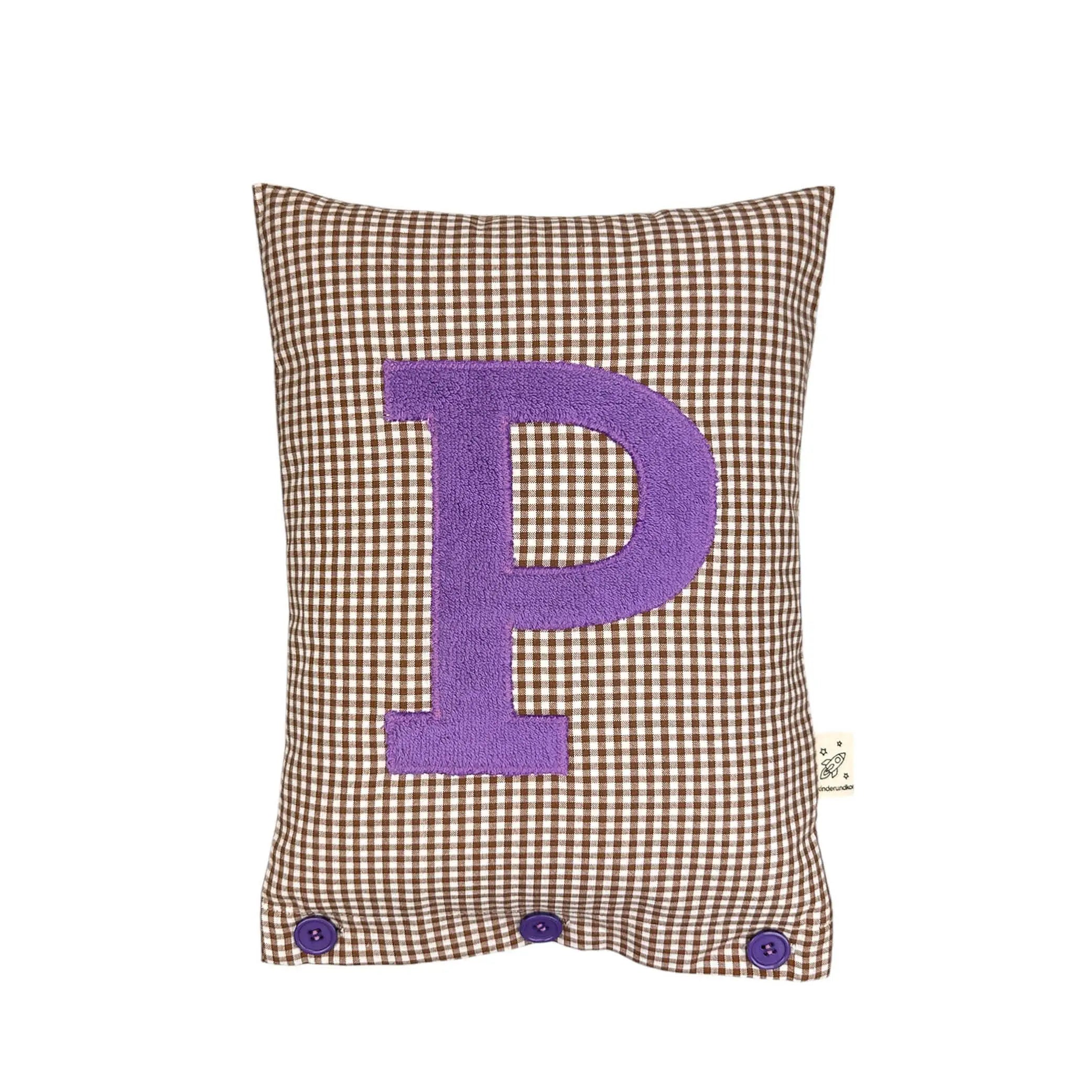 Letter Cushion P – Purple on brown Gingham