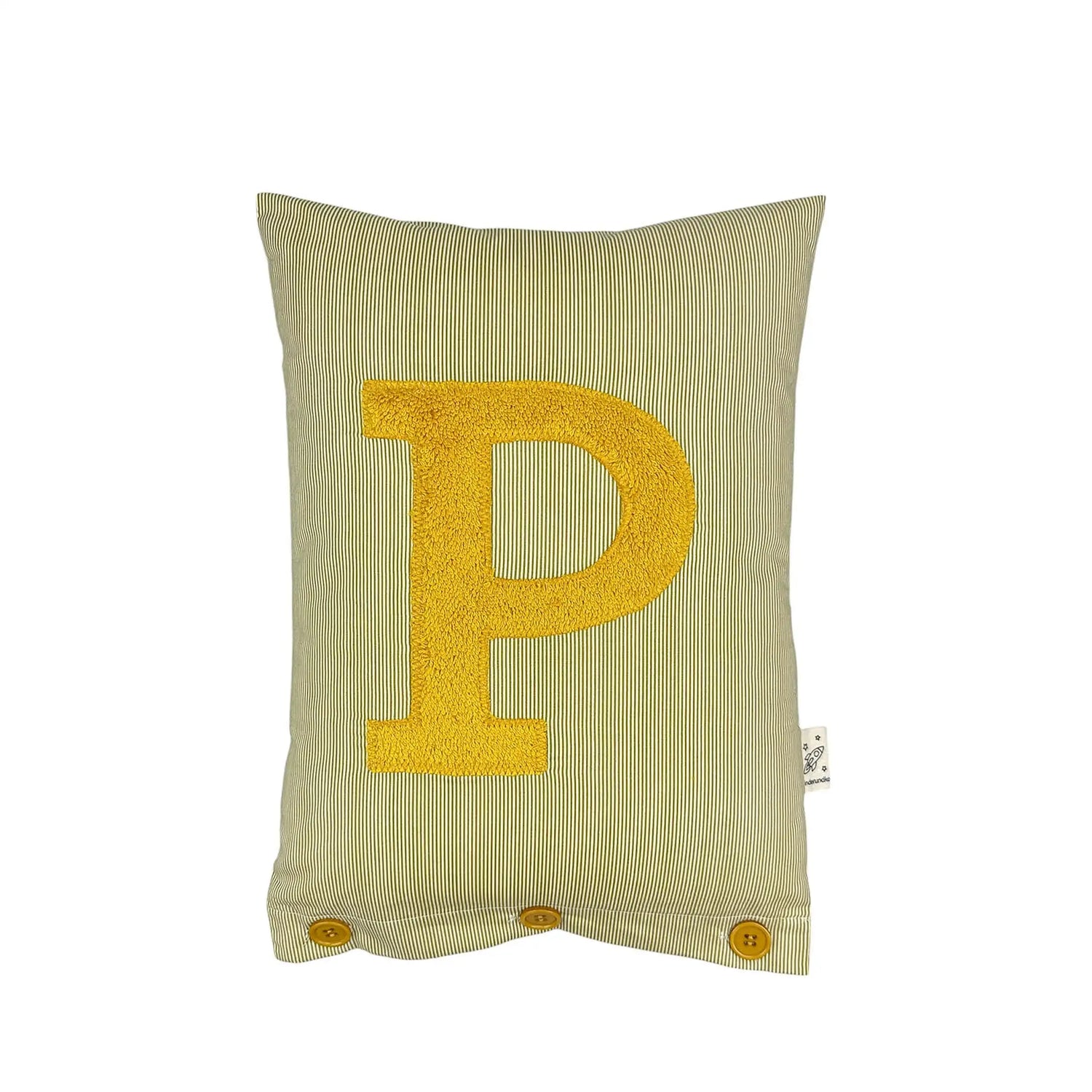 Letter Cushion Mustard Yellow on small olive/white Stripes