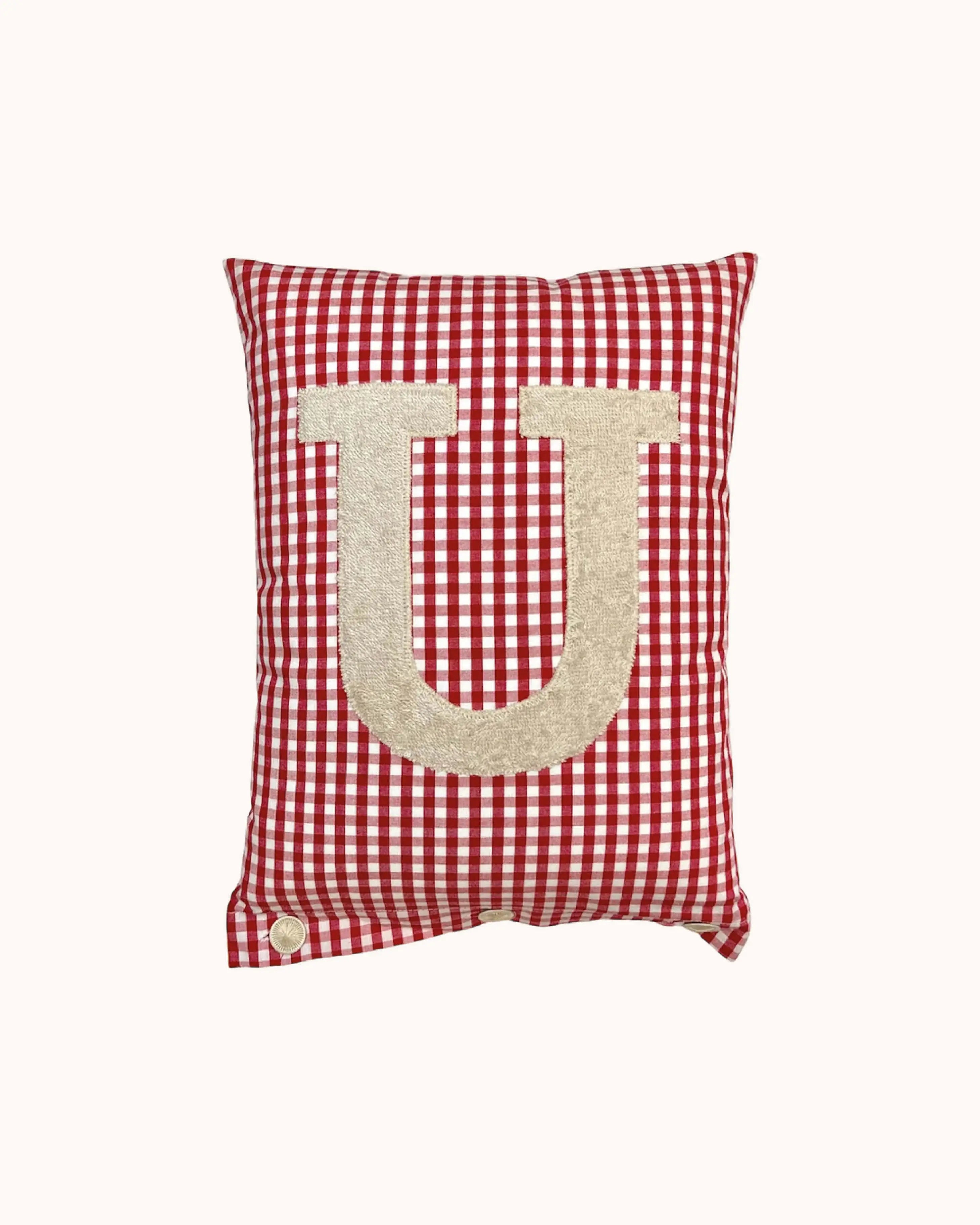 Letter Cushion U – Beige on red Gingham