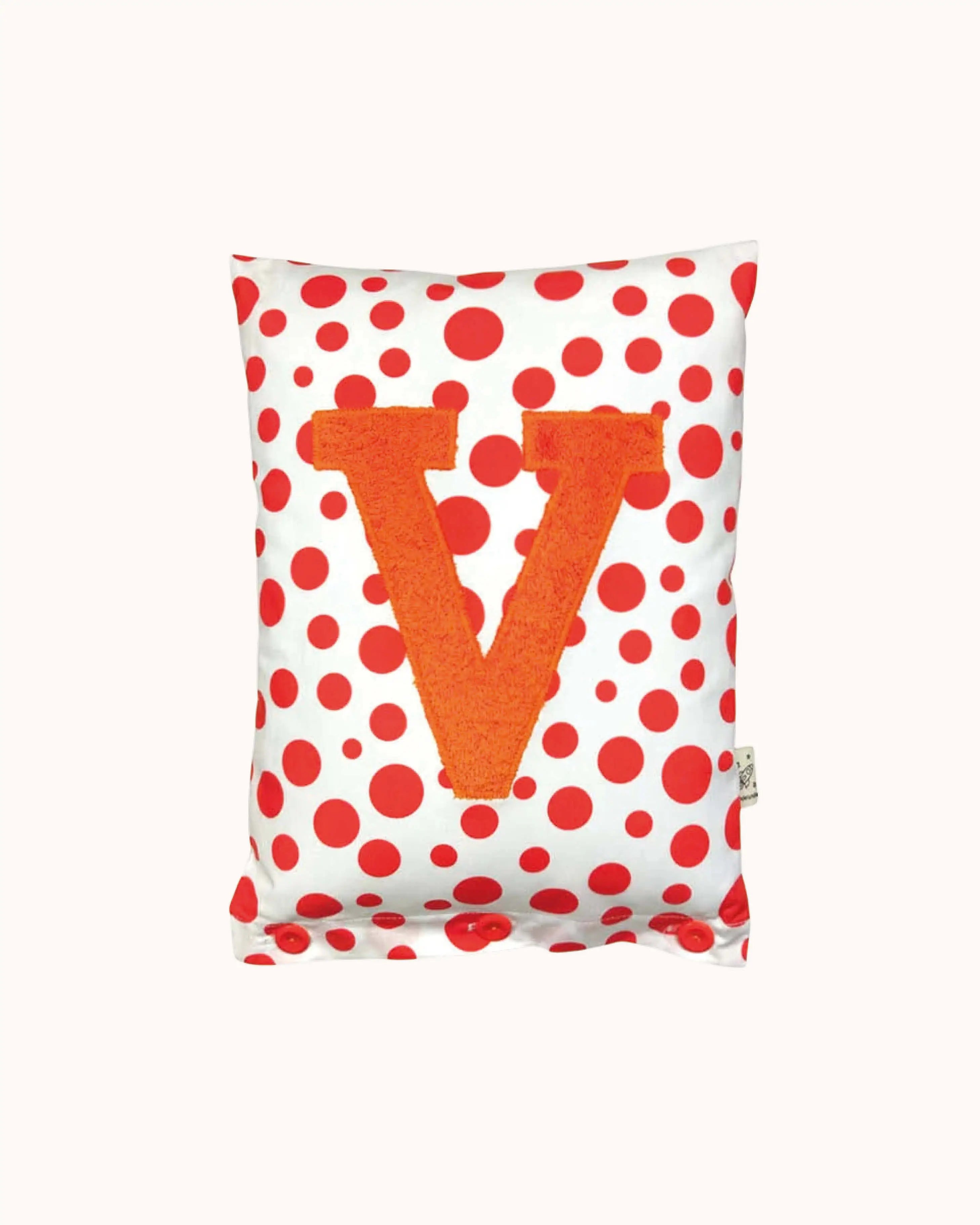 Letter Cushion Orange on White with orange-red Dots
