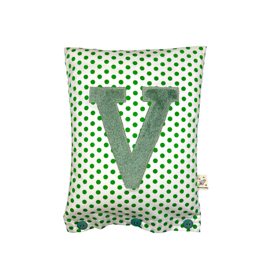 Letter Cushion Sage on White with green Dots