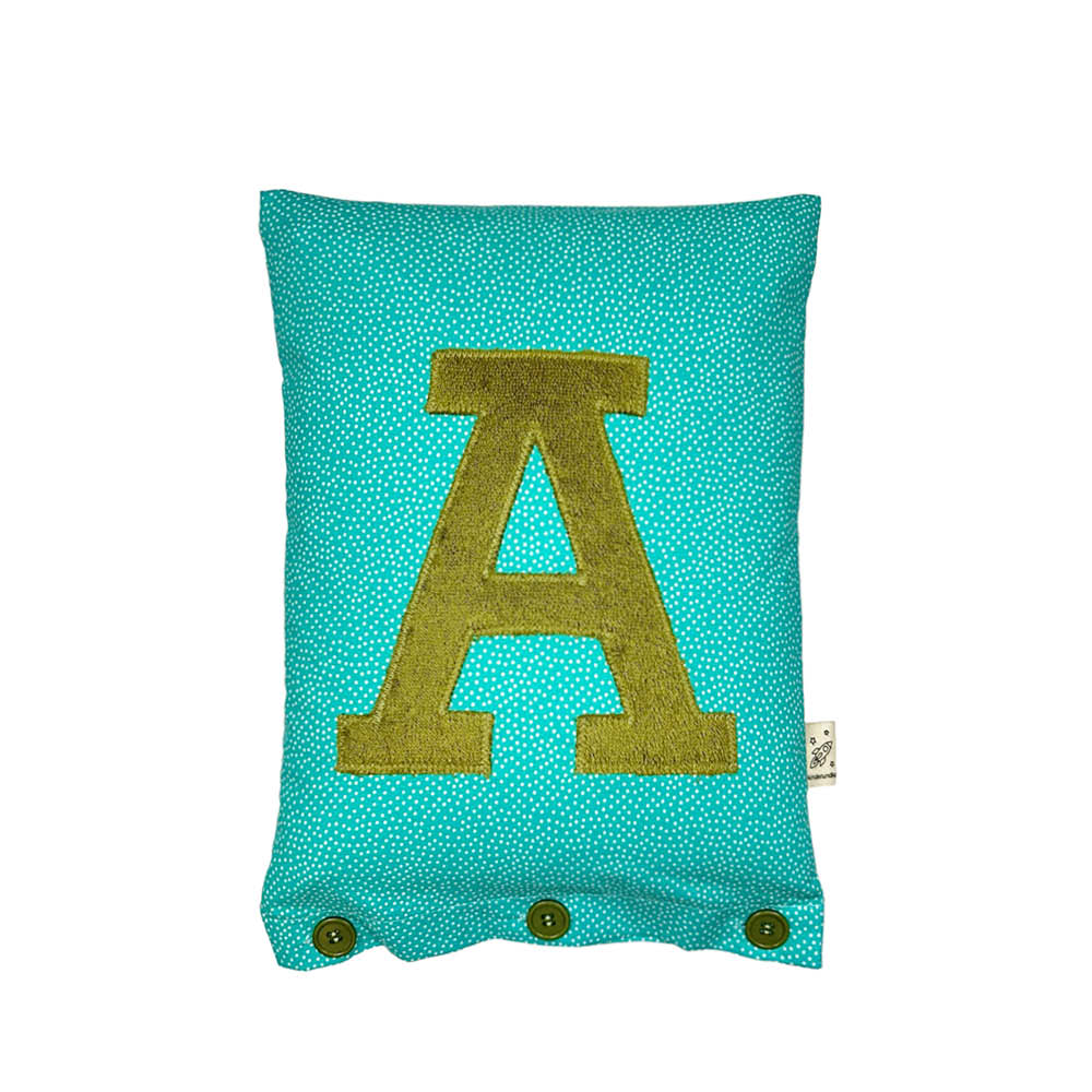 Letter Cushion Olive on Turquoise with white Dotties