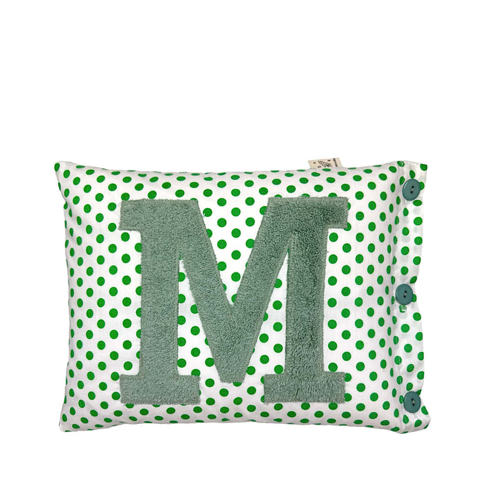 Letter Cushion Sage on White with green Dots
