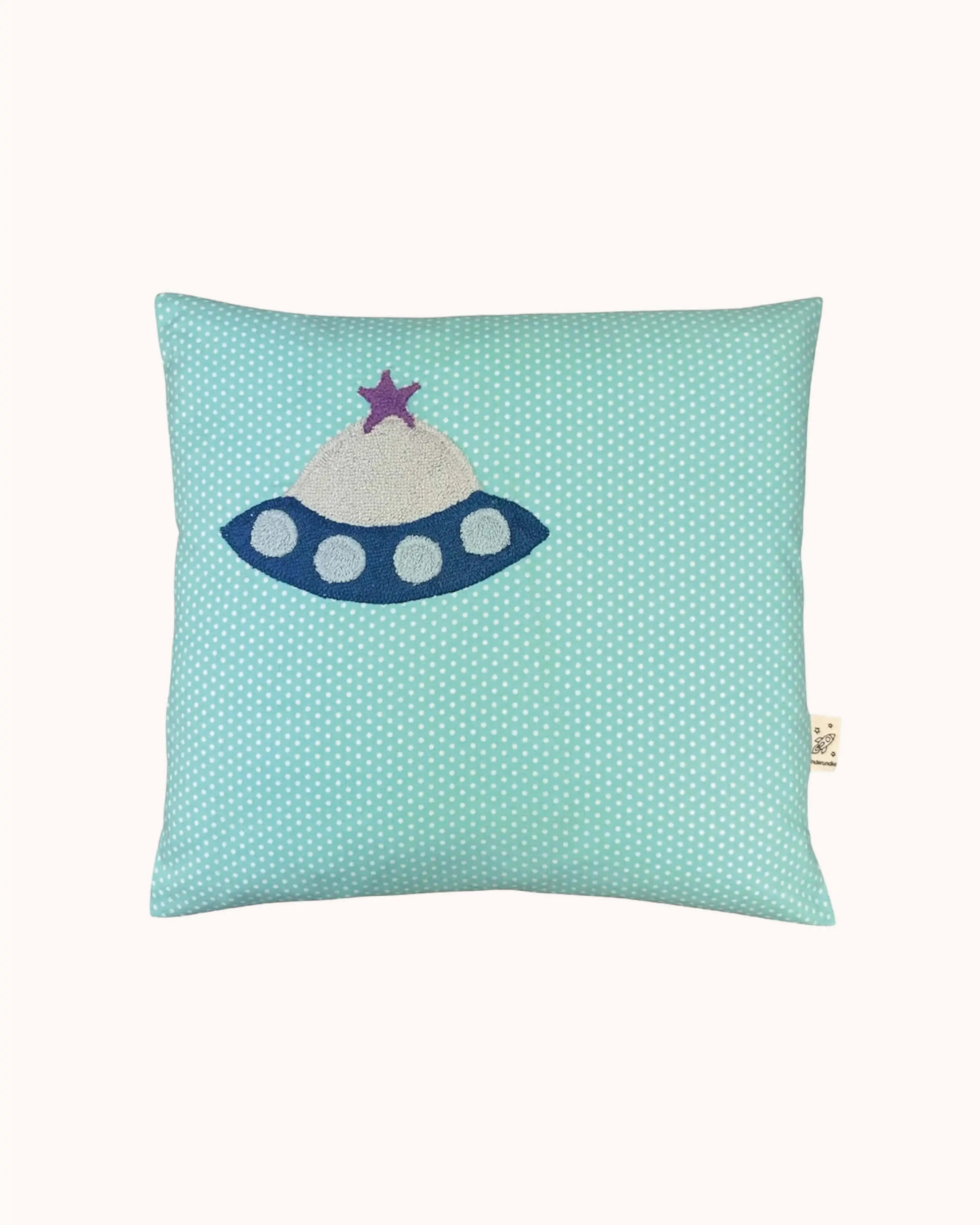 Pixie Kissen Ufo auf Türkis mit weißen Punkten