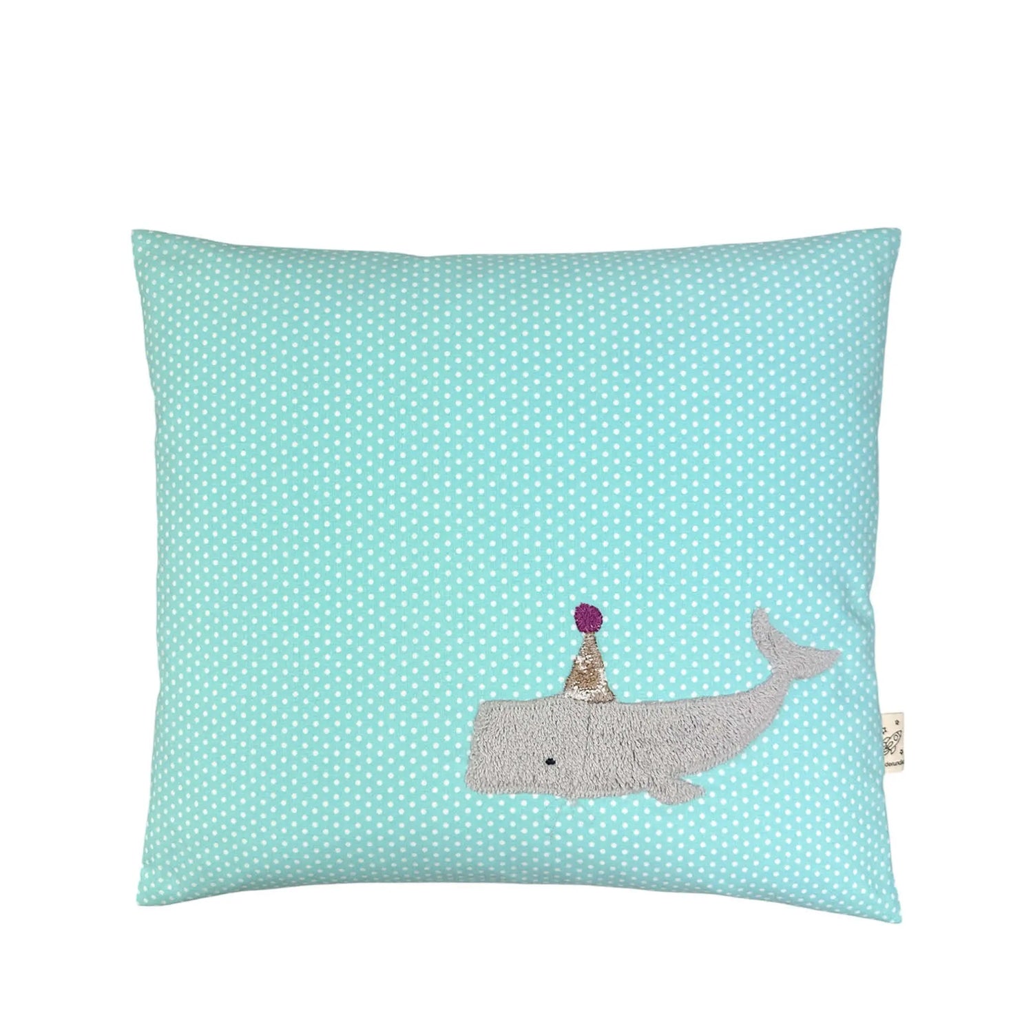 Pixie Cushion Party Whale on Turquoise with white Dots