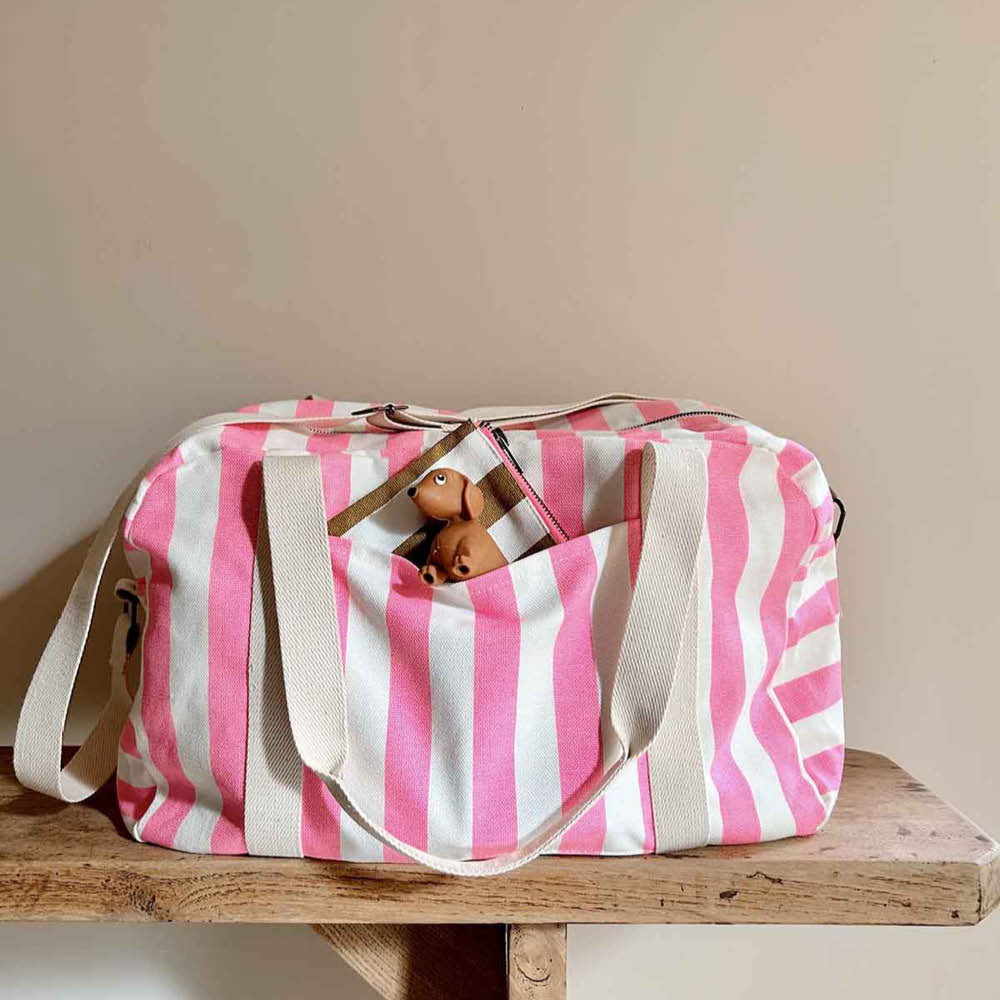 Weekender- & Wickeltasche in ecru/pink gestreift