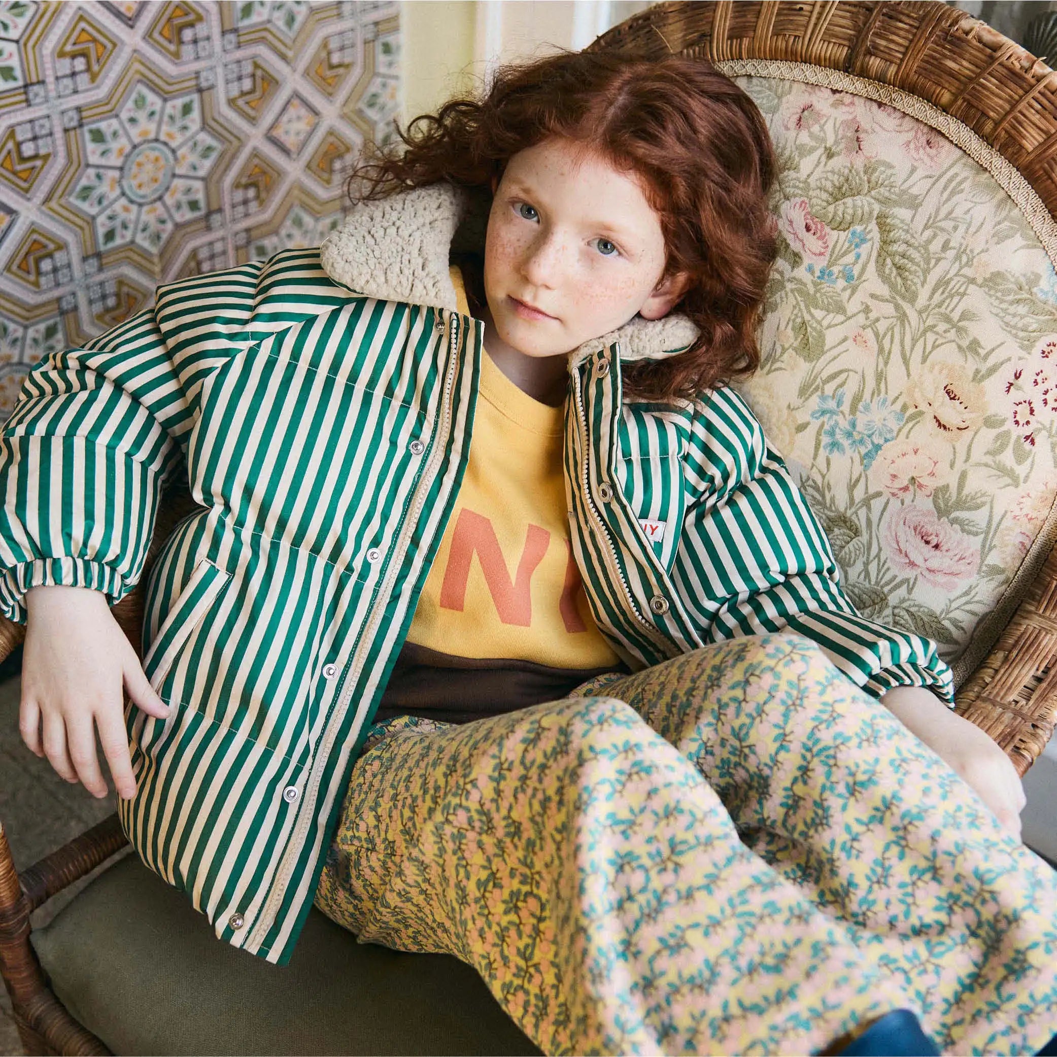 Short Padded Jacket in green striped