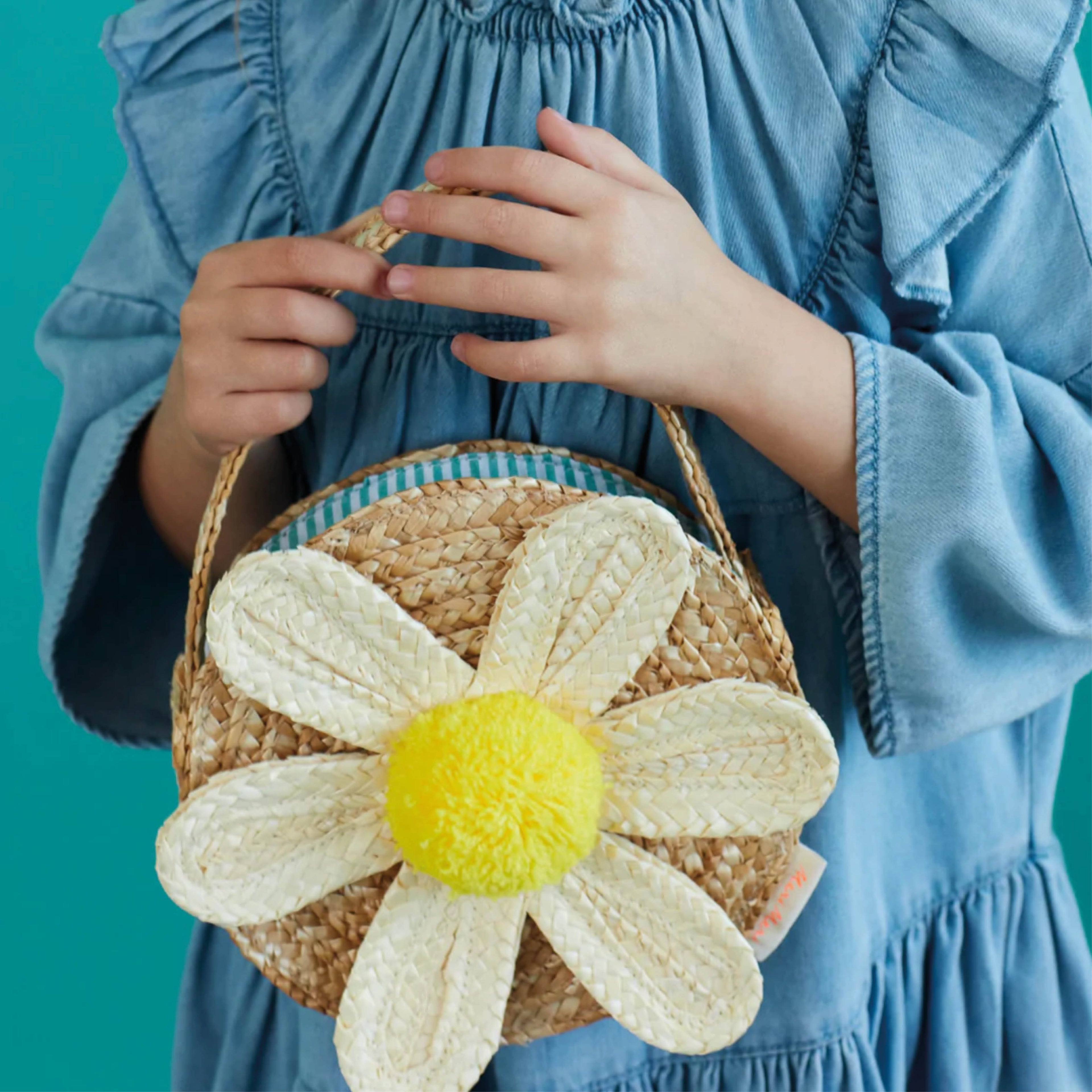 Kinder Strohtasche mit weißem Gänseblümchen