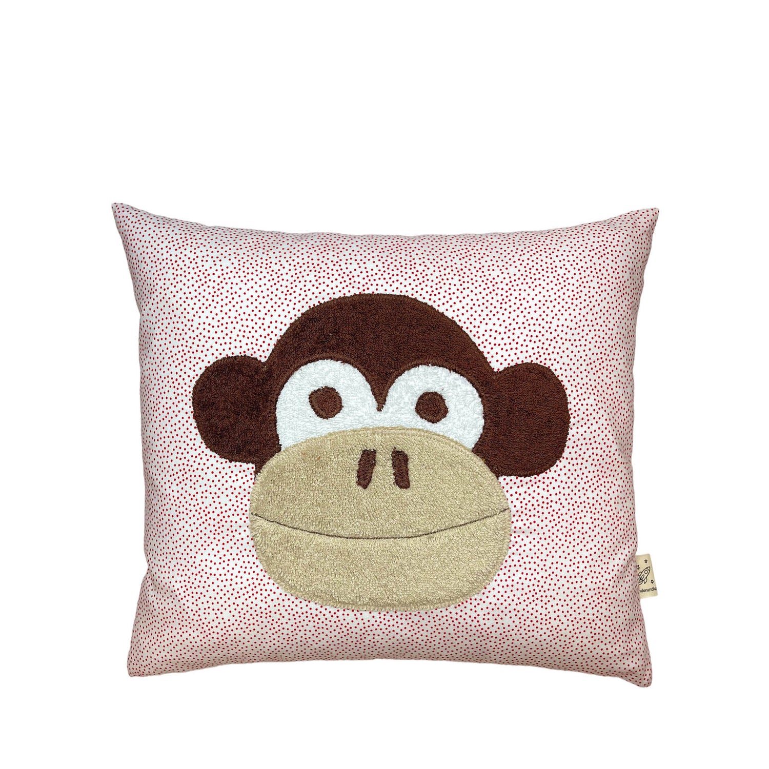 Pixie Cushion Monkey on White with red Dotties