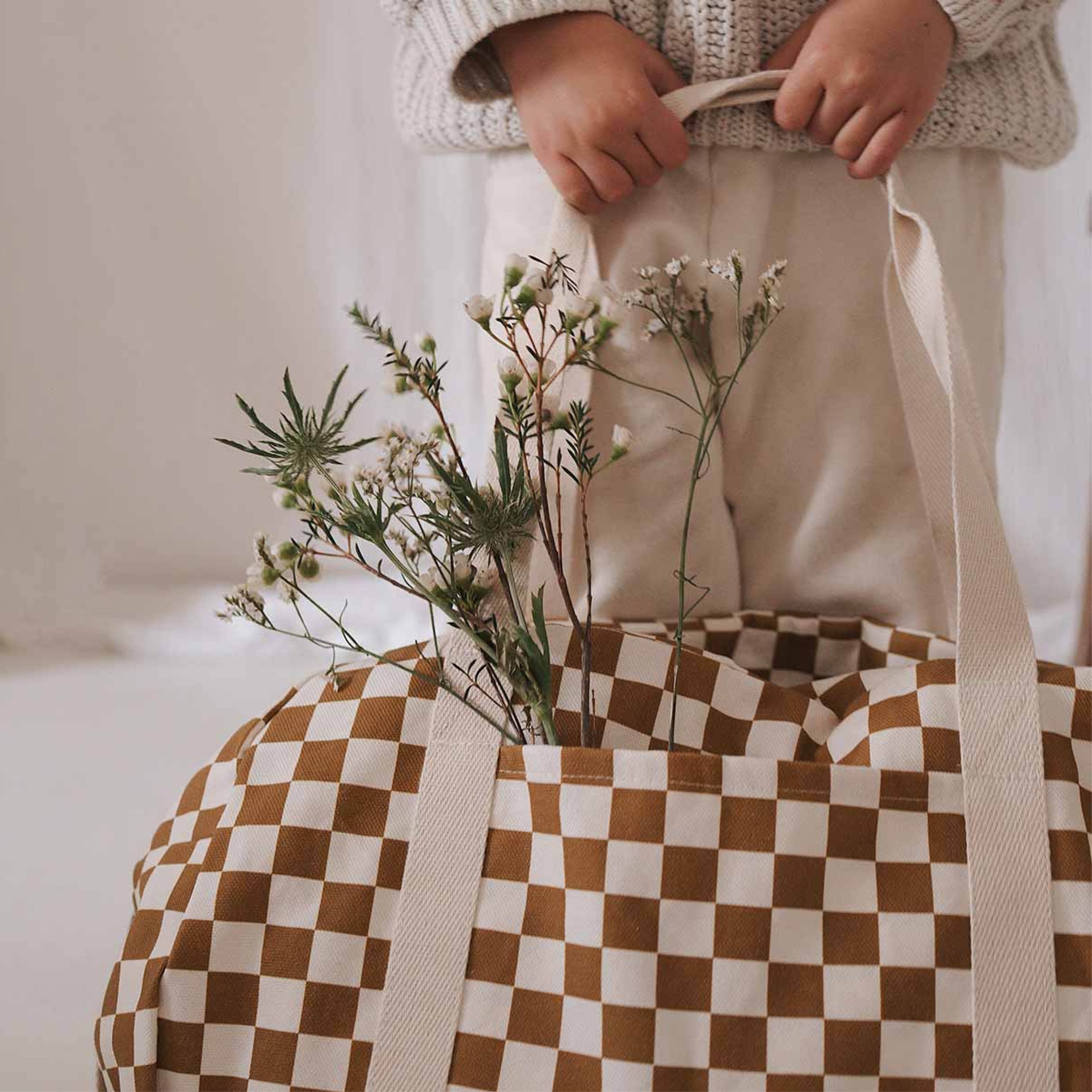 Diaper Bag &amp; Weekender in ecru/mustard checkered