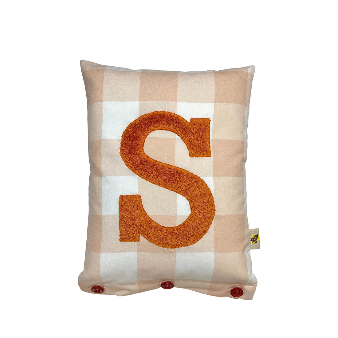 Letter Cushion S, Dark Orange on Nude Gingham