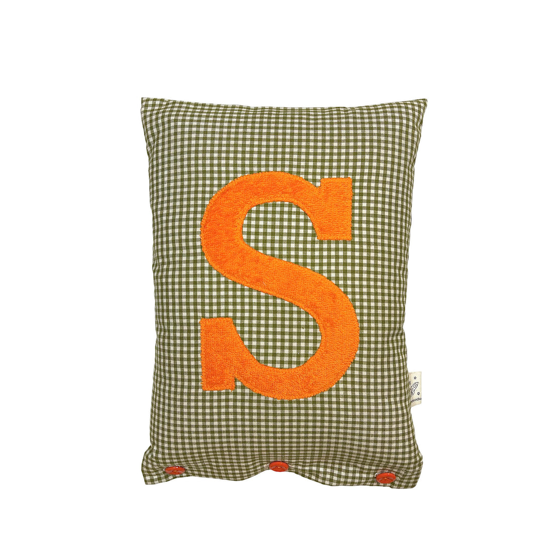 Letter Cushion S, Orange on Olive Gingham