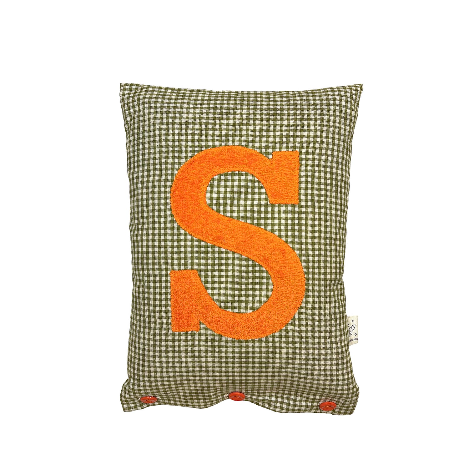 Letter Cushion S, Orange on Olive Gingham