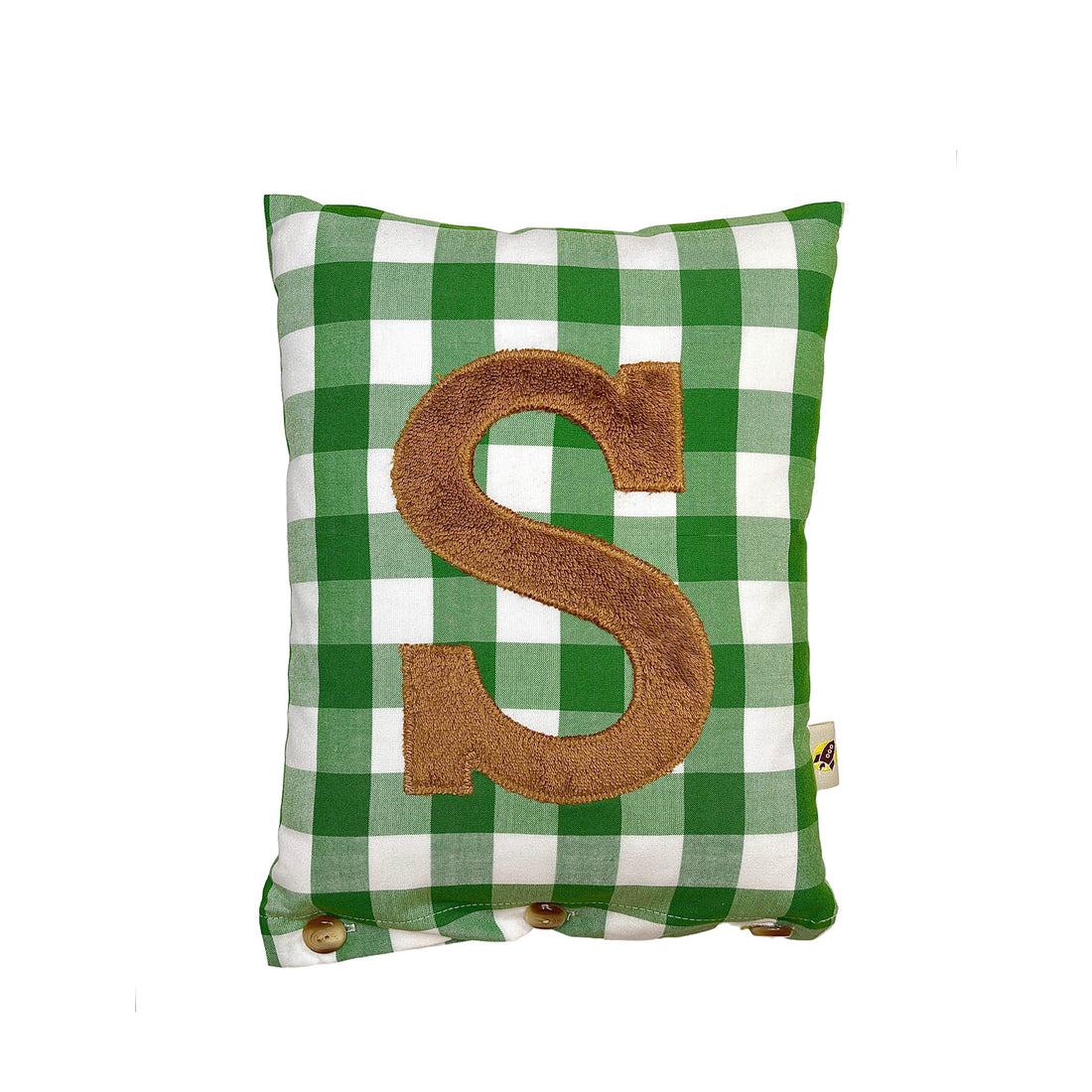 Letter Cushion S, Light Brown on Green Gingham